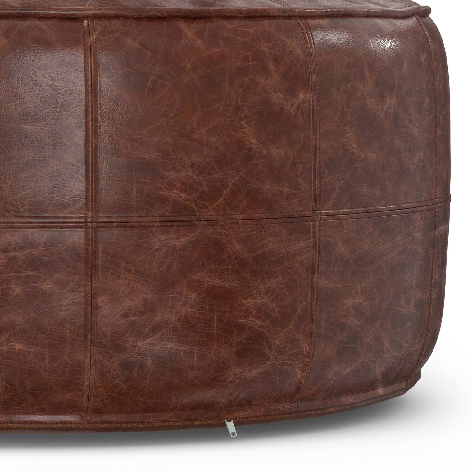 Alt View 3. Simpli Home - Simpli Home Connor 34 inch Wide Round Coffee Table Pouf in Distressed Brown Genuine Leather - Distressed Brown.