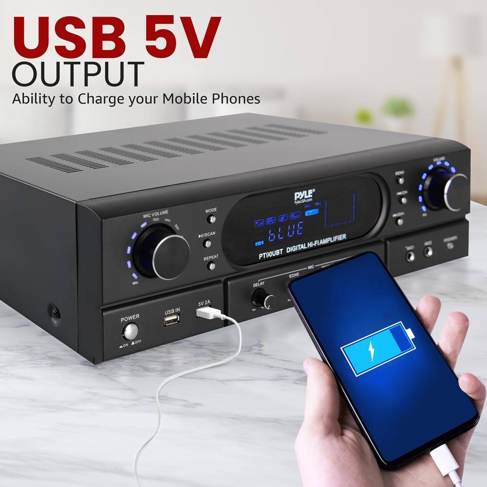USB 5V OUTPUT  
Ability to Charge your Mobile Phones  

MIC VOLUME  
MODE  
SCAN  
REPEAT  

PT90UBT DIGITAL HI-FI AMPLIFIER  

POWER  
USB IN  
5V 2A  

PYLE  
PYLE AUDIO  

BLUE  

DELAY  
ECHO  
MIC  

USB 5V OUTPUT  
Ability to Charge your Mobile Phones