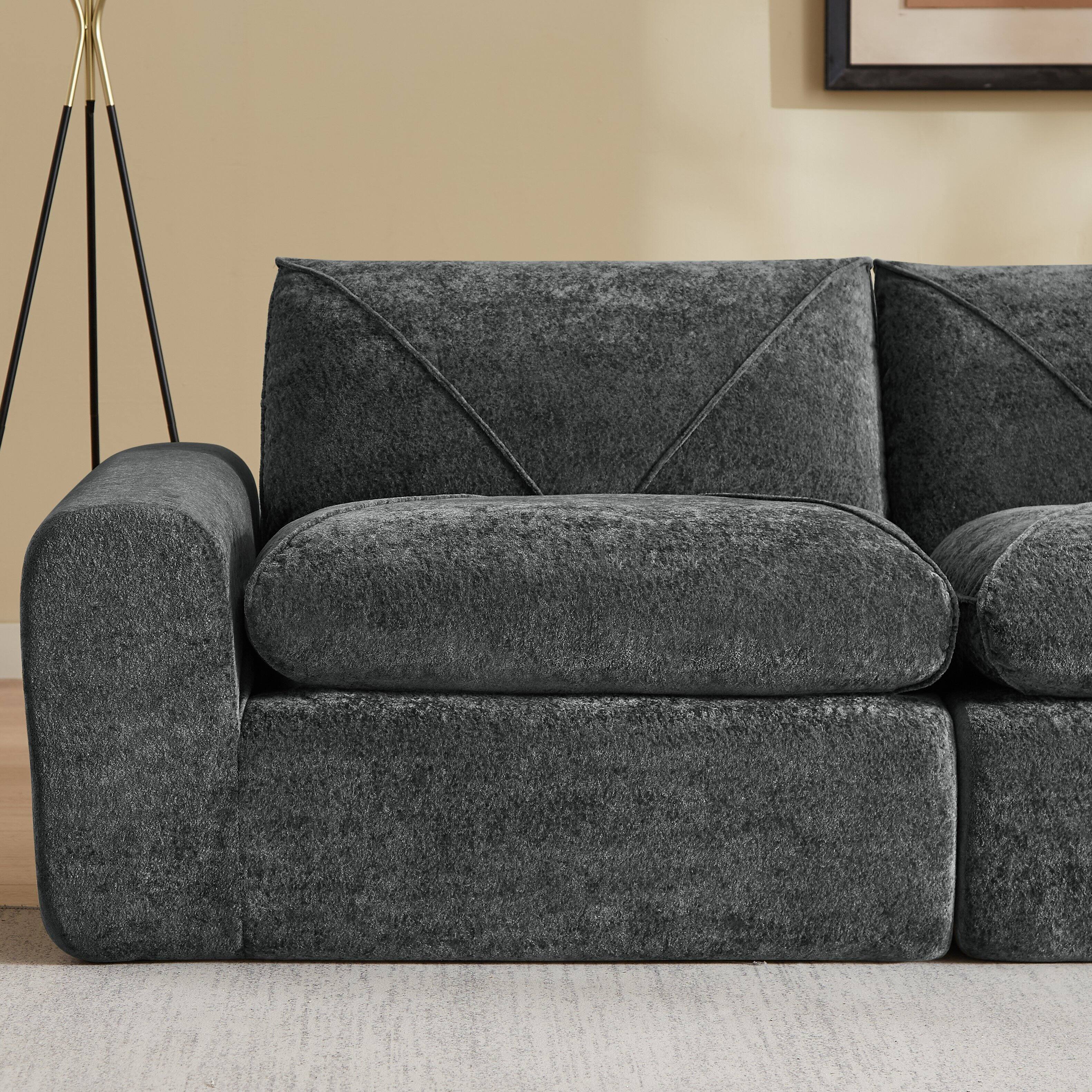 Alt View 1. Loheer - Loheer 85.83 Inch Chenille Sectional Sofa with Ottoman Modern Minimalist Apartment Size Couch for Living Room - Dark Gray.