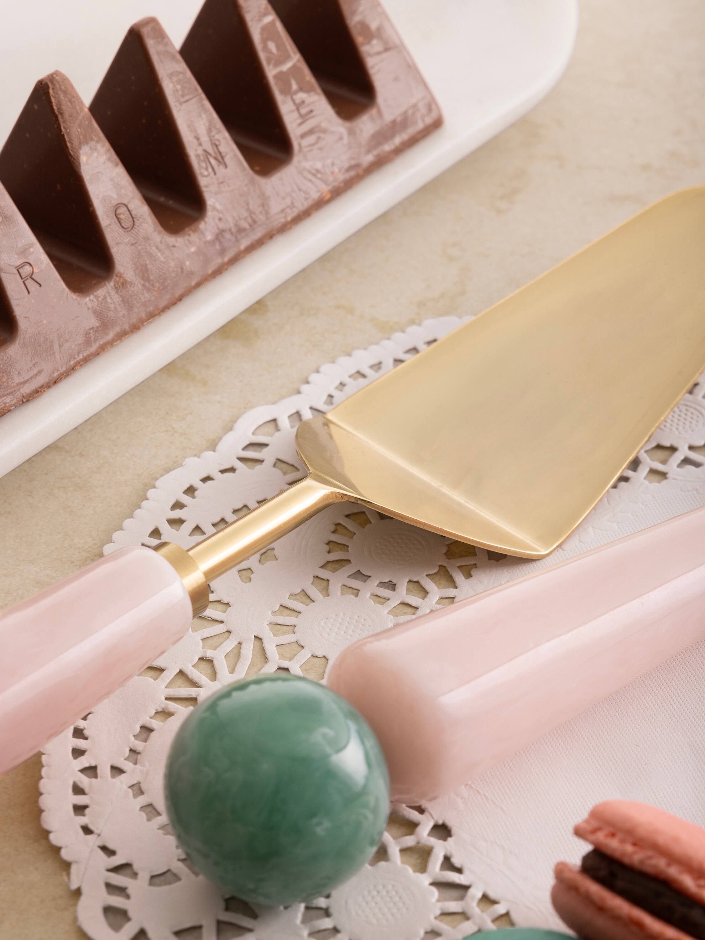 Left. GAURI KOHLI - Copenhagen Cake Servers - Shades of pink, green and gold.