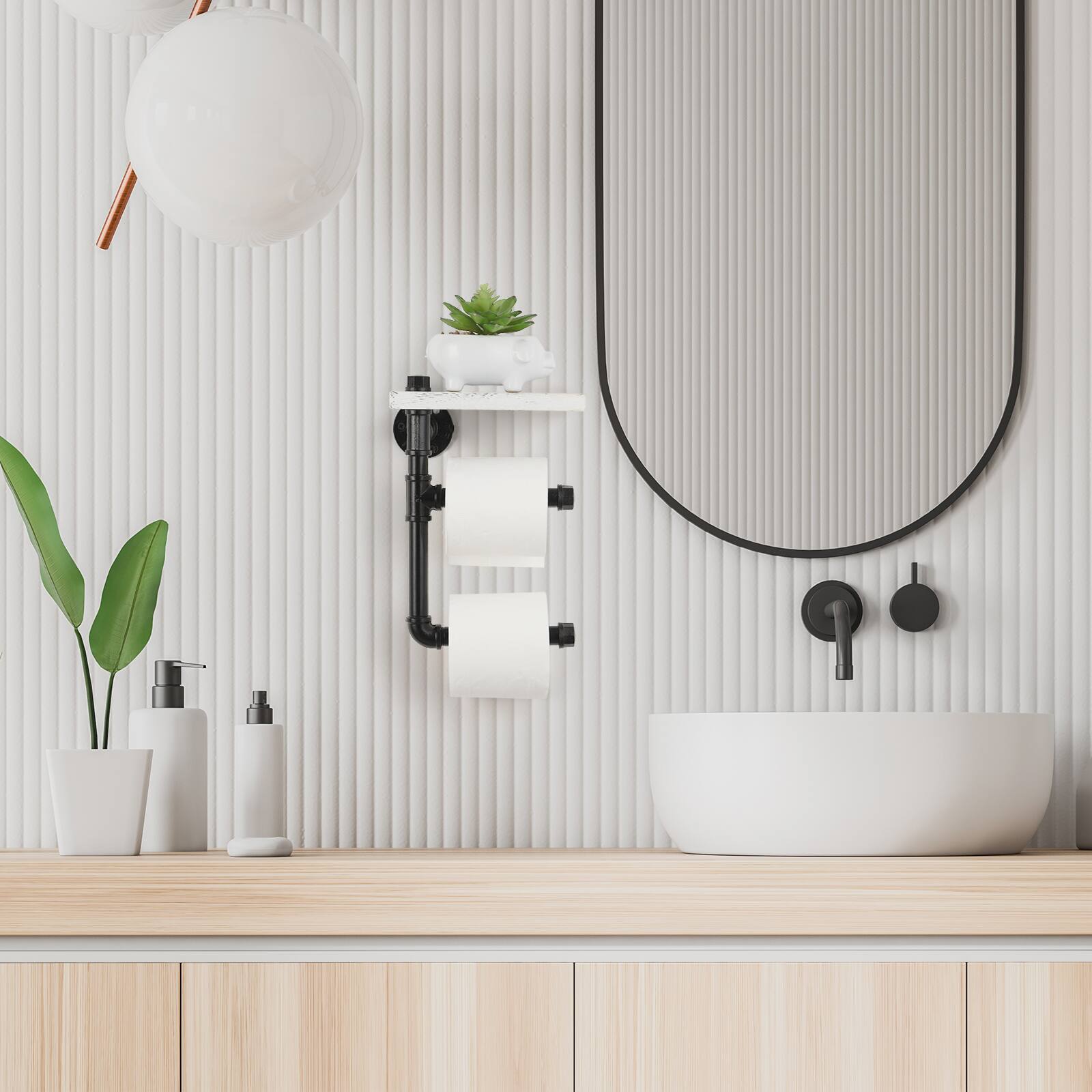 Alt View 3. Oumilen - Industrial Pipe Double Toilet Paper Holder with Whitewashed Shelf – Wall Mounted 2-Roll Tissue Rack.