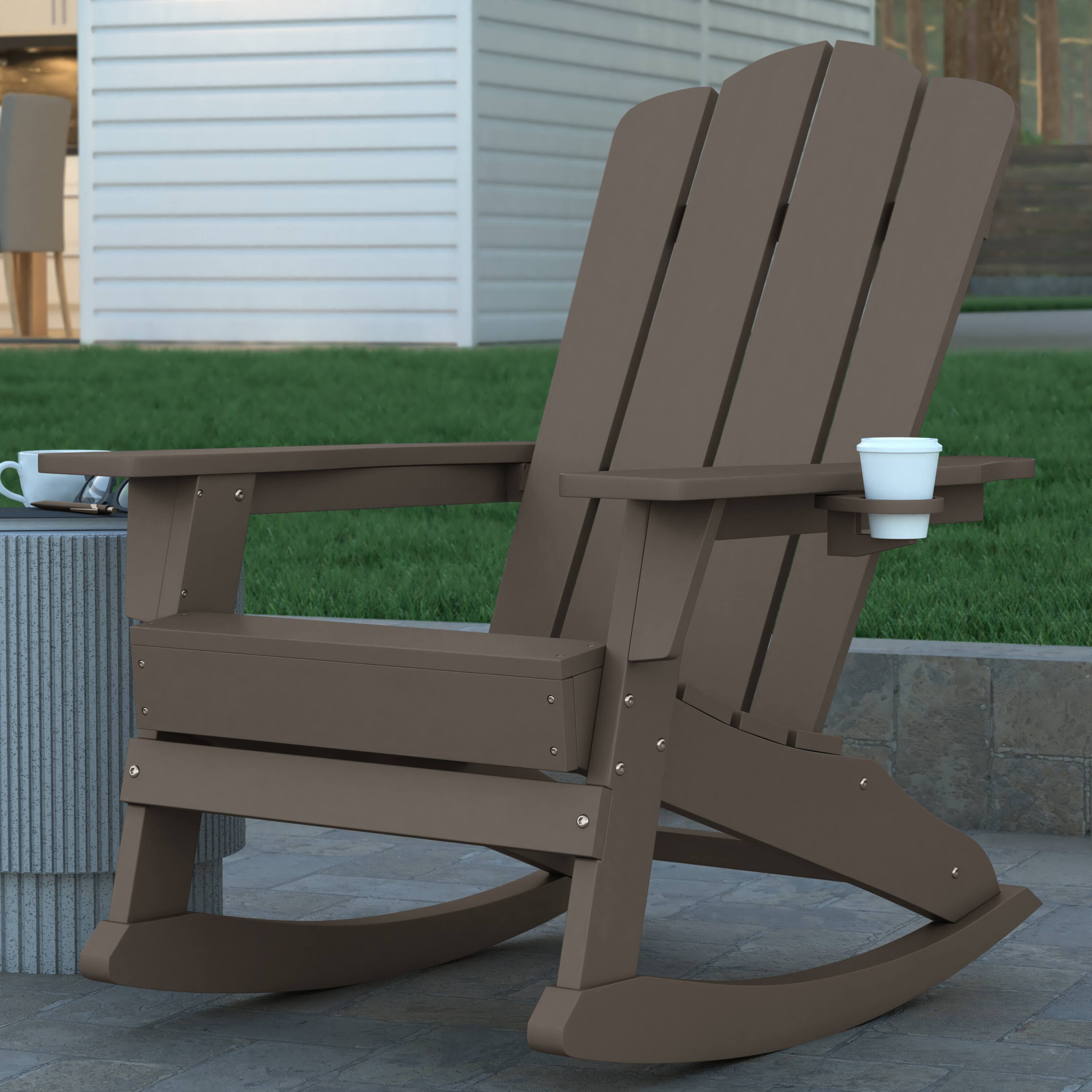 Alt View 3. Emma + Oliver - Tiverton Adirondack Rocking Chair with Cup Holder, Weather Resistant HDPE Adirondack Rocking Chair - Brown.