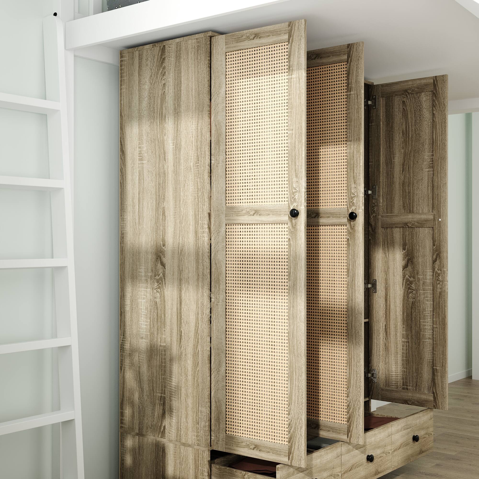 Alt View 6. Famapy - Woven Rattan 3-Door Wardrobe with Large Hanging Space, Shelves & Drawers for Bedroom Storage - Wooden.