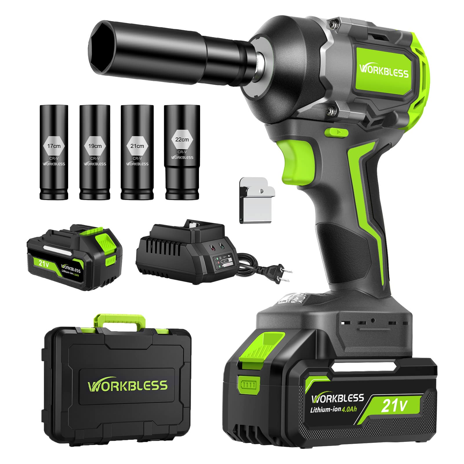 Unique Bargains - 1/2″ Cordless Impact Wrench Kit, Max 850Nm, 20V 4Ah Battery, 3-Speed, 4 Sockets, LED Light, for Car Tire, Mower