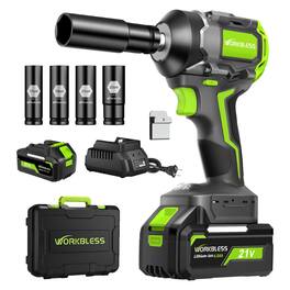 Unique Bargains - 1/2″ Cordless Impact Wrench Kit, Max 850Nm, 20V 4Ah Battery, 3-Speed, 4 Sockets, LED Light, for Car Tire, Mower