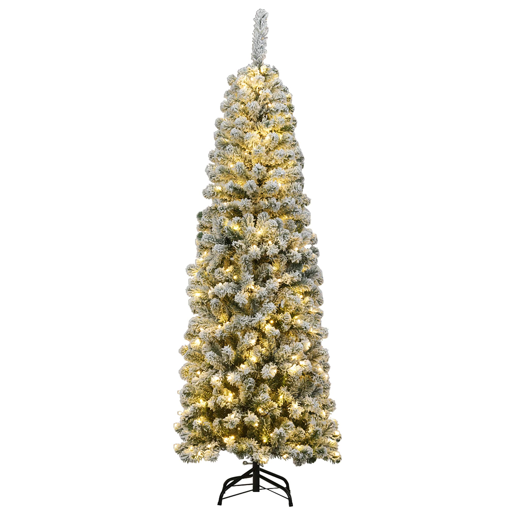 Costway 6Ft Pre-lit Snow Flocked Artificial Pencil Christmas Pine Tree ...