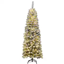 Costway - 6Ft Pre-lit Snow Flocked Artificial Pencil Christmas Pine Tree w/ 250 LED Lights - Green/White