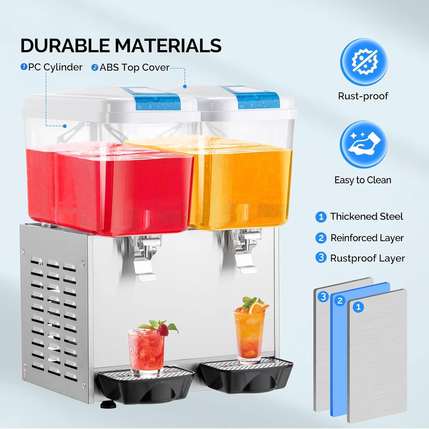 DURABLE MATERIALS

1. PC Cylinder
2. ABS Top Cover

- Rust-proof
- Easy to Clean

1. Thickened Steel
2. Reinforced Layer
3. Rustproof Layer