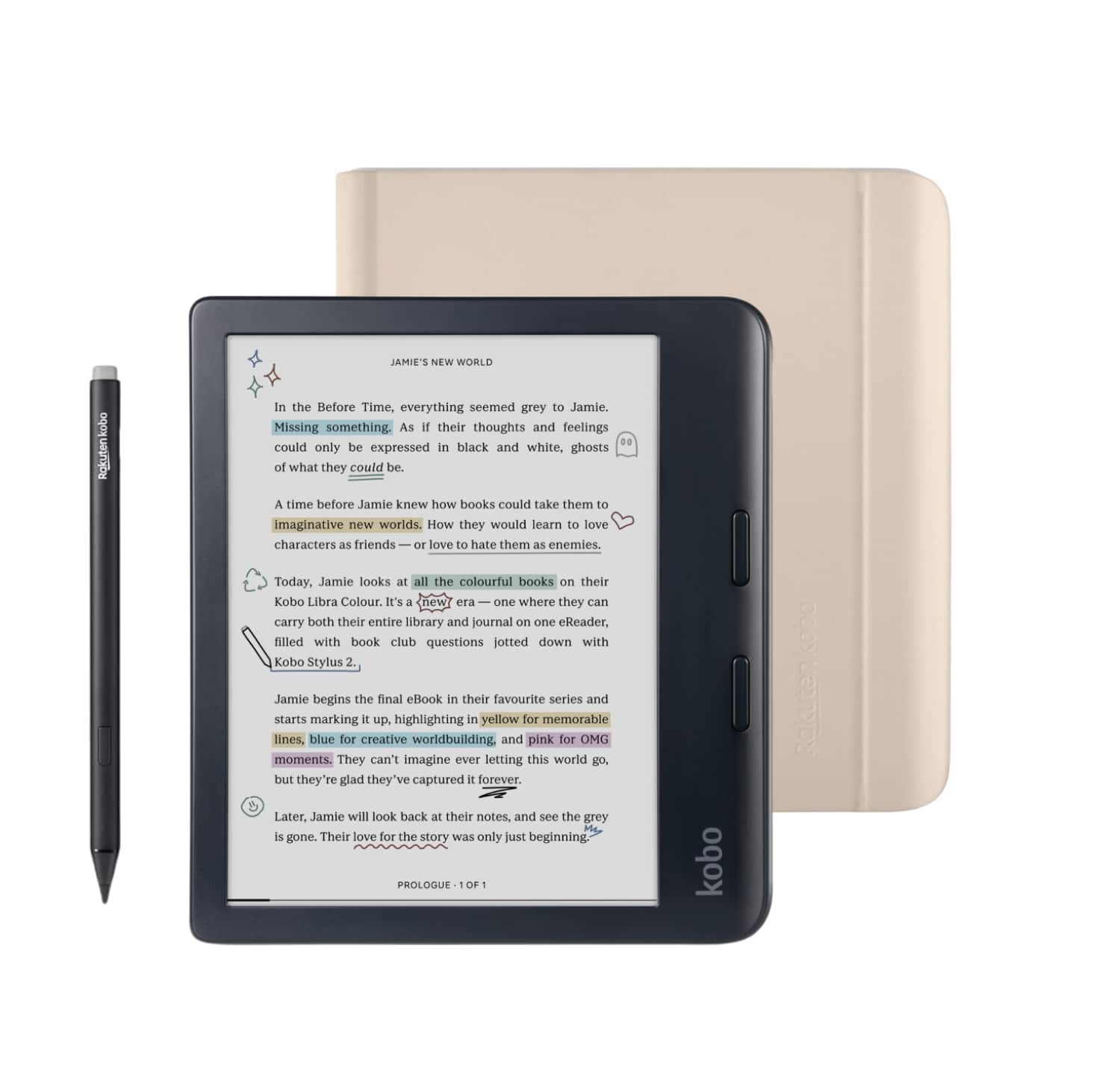 Kobo - Libra Colour eReader (Black) with and Stylus 2Gen Bundle - 2024 - Sand Beige Notebook SleepCover
