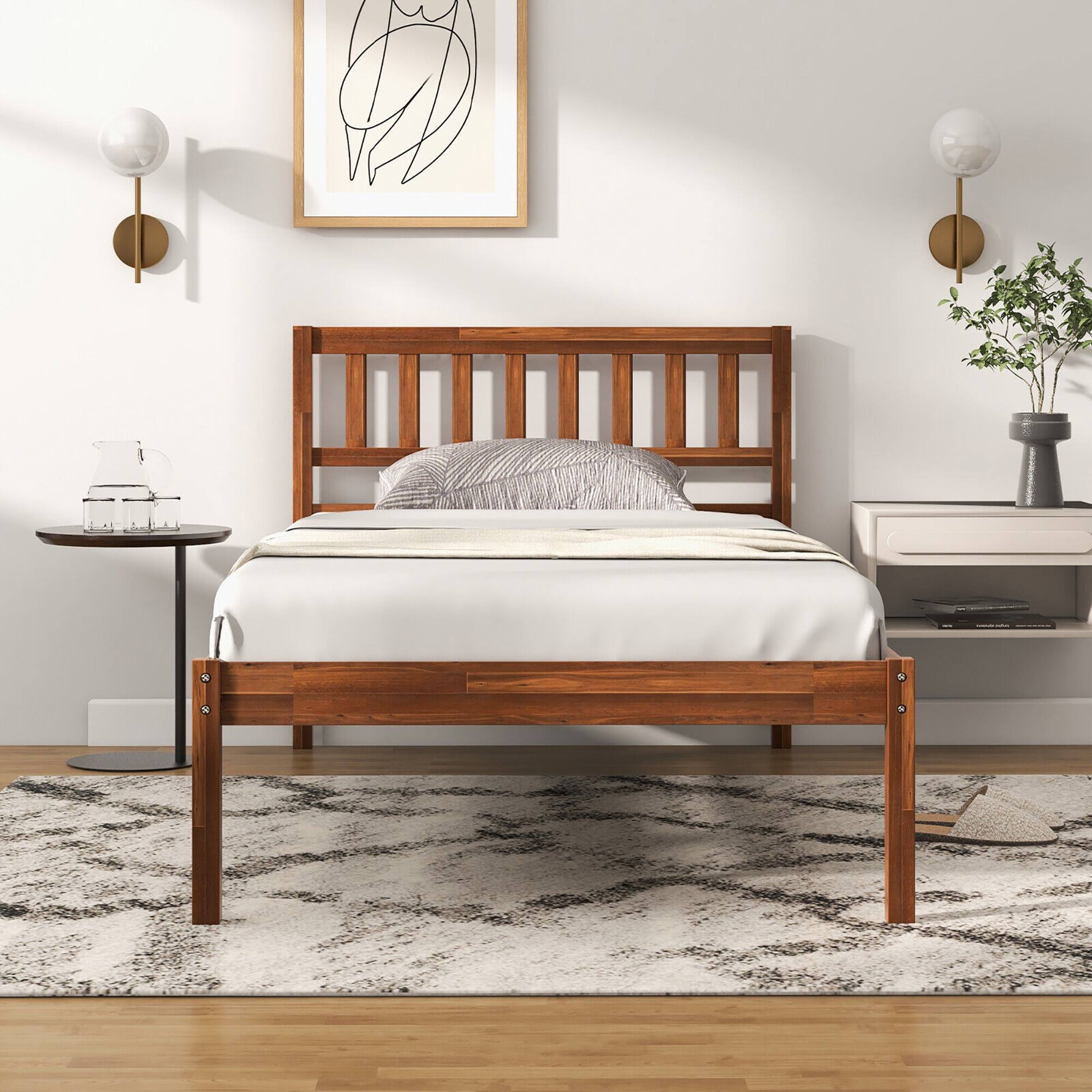Alt View 3. Gymax - Gymax Twin Platform Bed with Headboard Solid Wood Leg Mattress Foundation Walnut - Walnut.