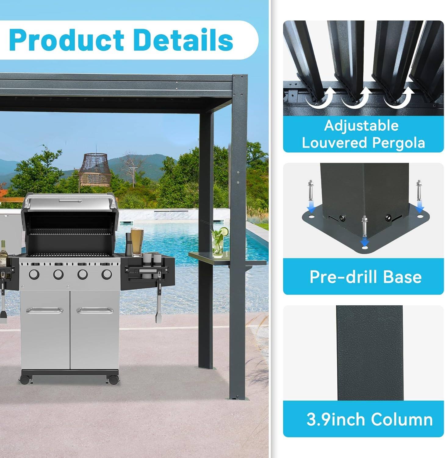 Product Details

- Adjustable Louvered Pergola
- Pre-drill Base
- 3.9inch Column