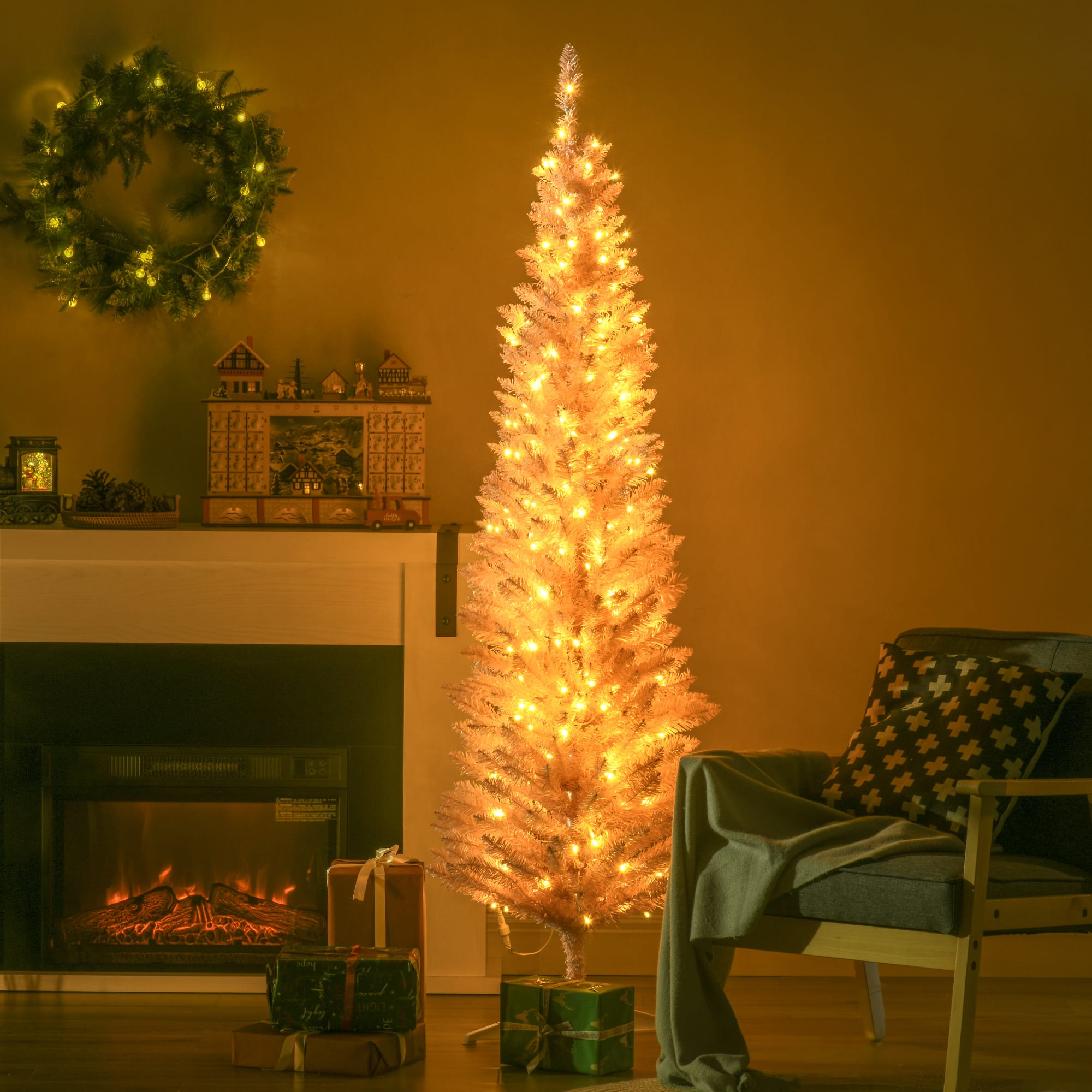 VAVSEA - 5FT Pre-Lit Artificial Pencil Tree with 110 Warm Lights, Slim 294 Tips Flocked Christmas Tree for Indoor Use - White