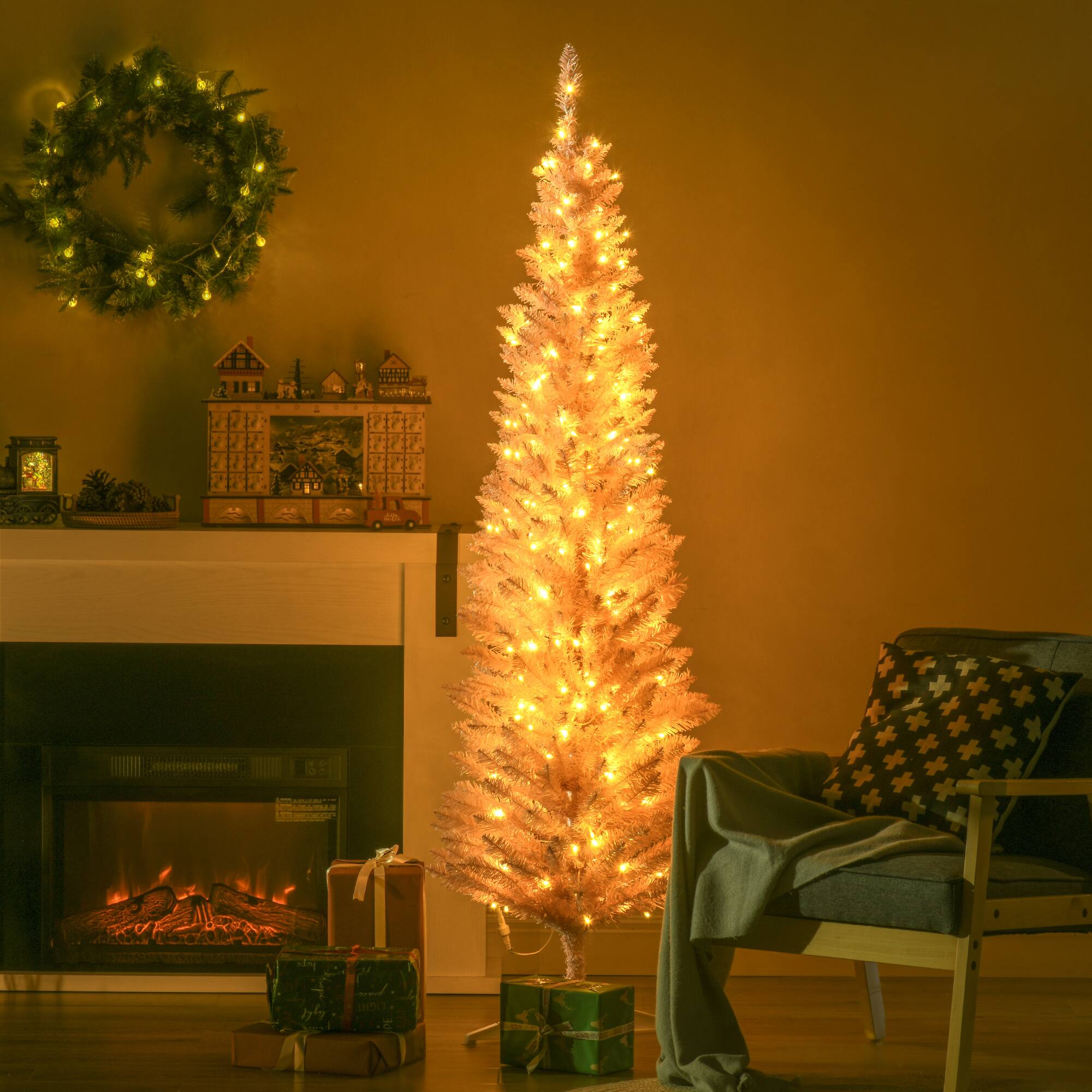 Alt View 1. Homcom - Pre-Lit Slim Noble Fir Artificial Pencil Christmas Tree, 200 Warm White LEDs, 390 Tips - pink.