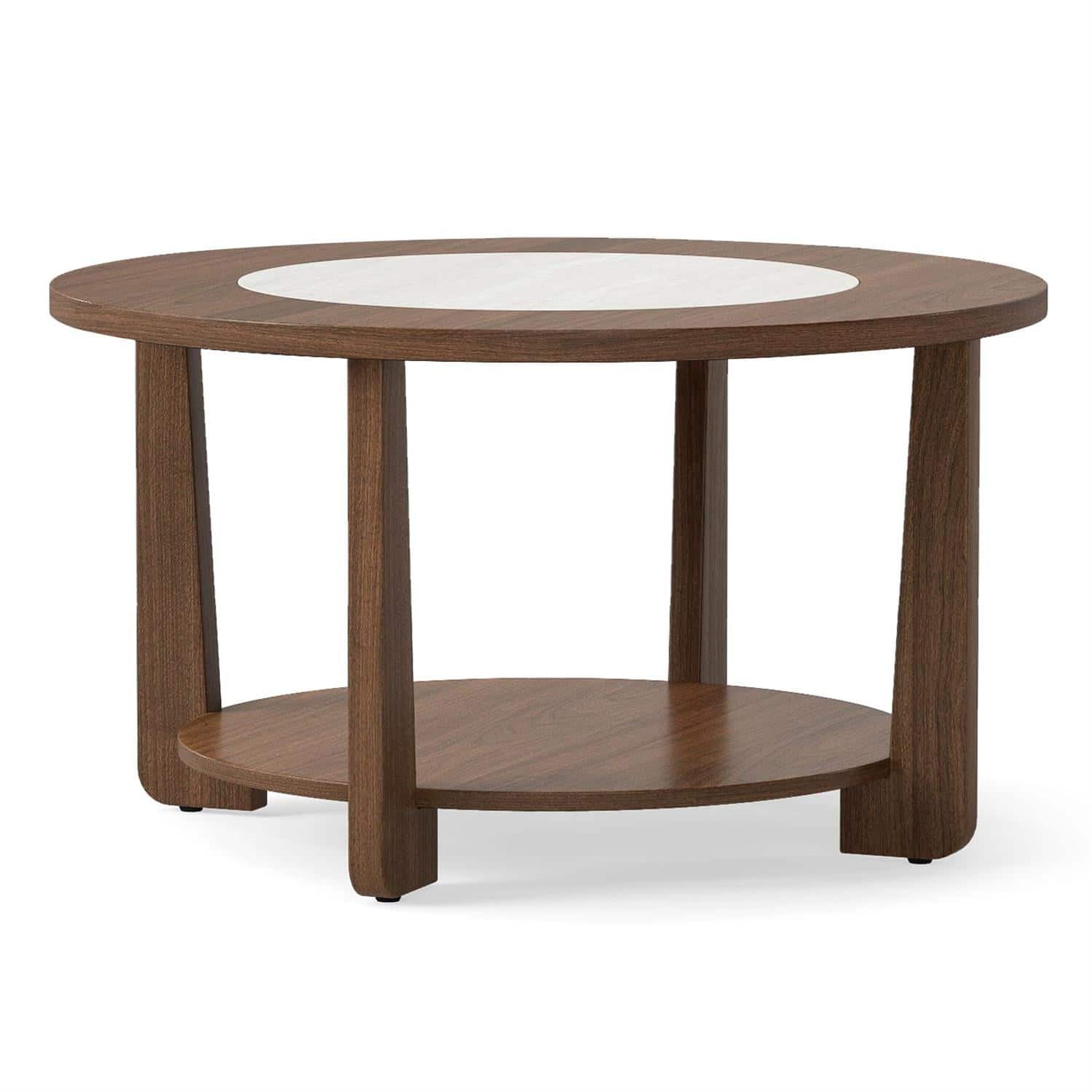 Pefilos - Farmhouse Round Coffee Table, 2-Tone Tabletop Finish, Open Storage Shelf, Rubber Wood Support Legs, White - Brown