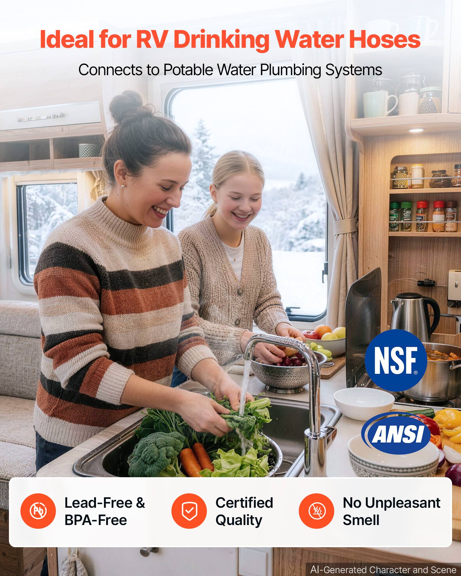 Ideal for RV Drinking Water Hoses  
Connects to Potable Water Plumbing Systems  

NSF  
ANSI  

Lead-Free & BPA-Free  
Certified Quality  
No Unpleasant Smell  

AI-Generated Character and Scene