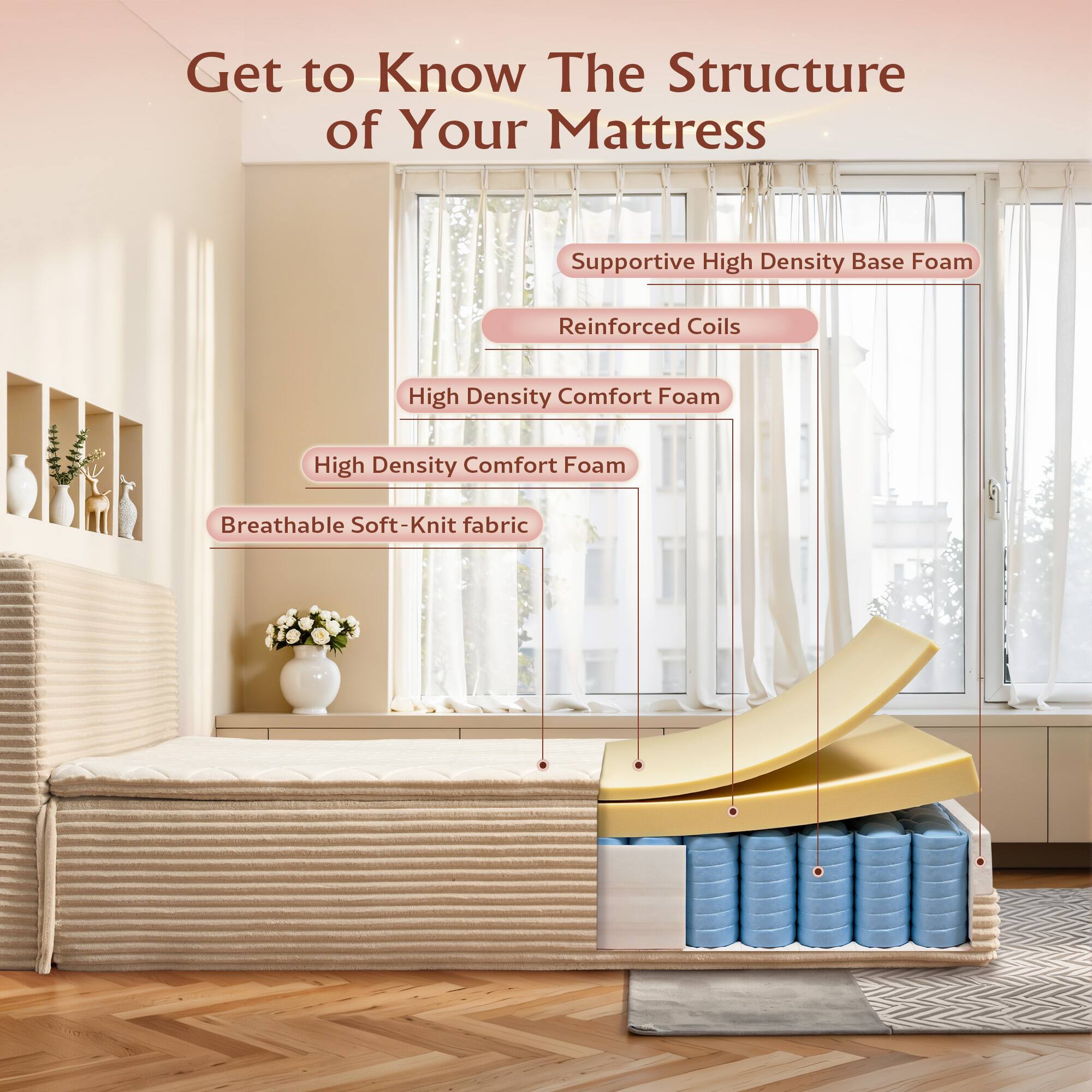 Get to Know the Structure of Your Mattress

- Supportive High Density Base Foam
- Reinforced Coils
- High Density Comfort Foam
- High Density Comfort Foam
- Breathable Soft-Knit Fabric