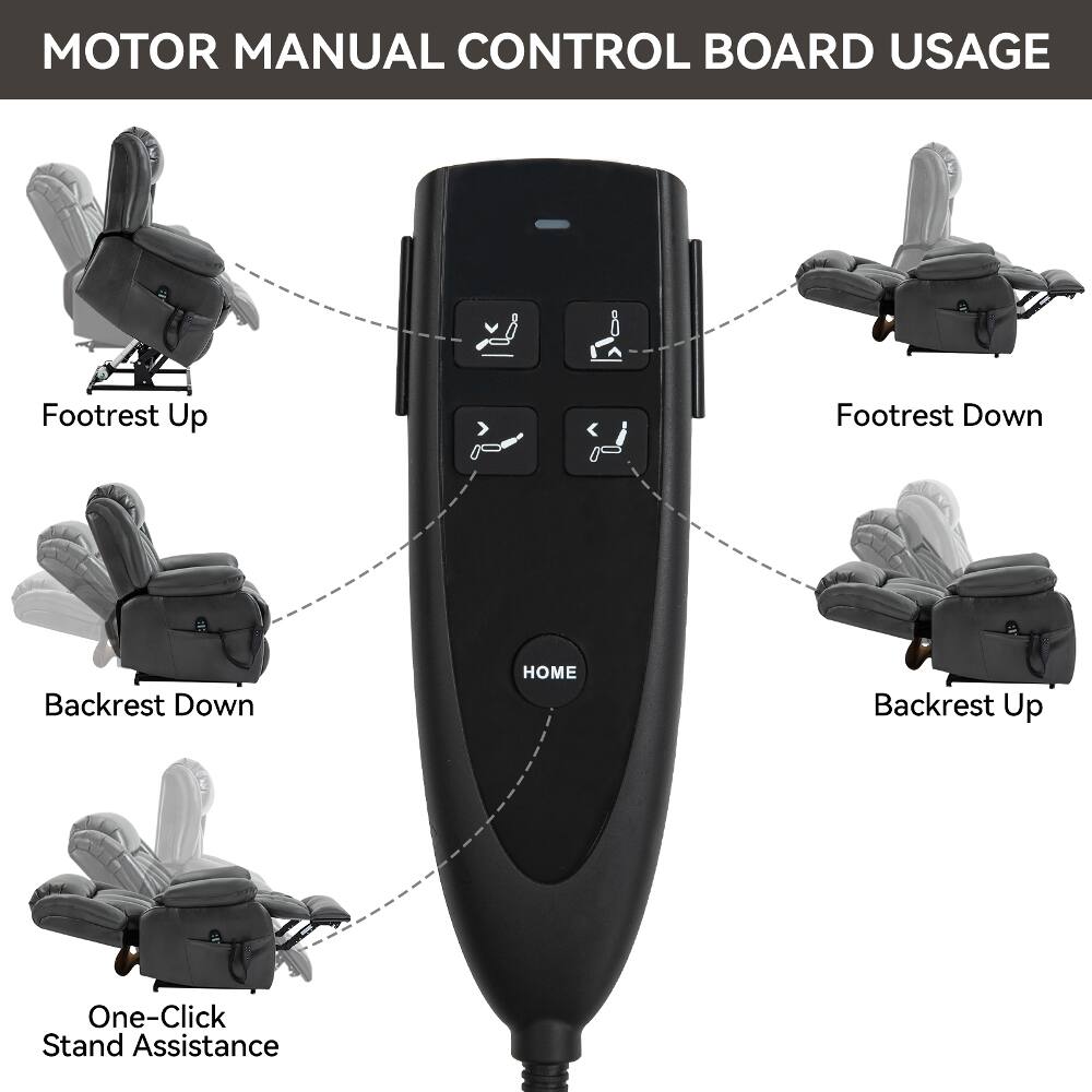 MOTOR MANUAL CONTROL BOARD USAGE

- Footrest Up
- Footrest Down
- Backrest Down
- HOME
- Backrest Up
- One-Click Stand Assistance