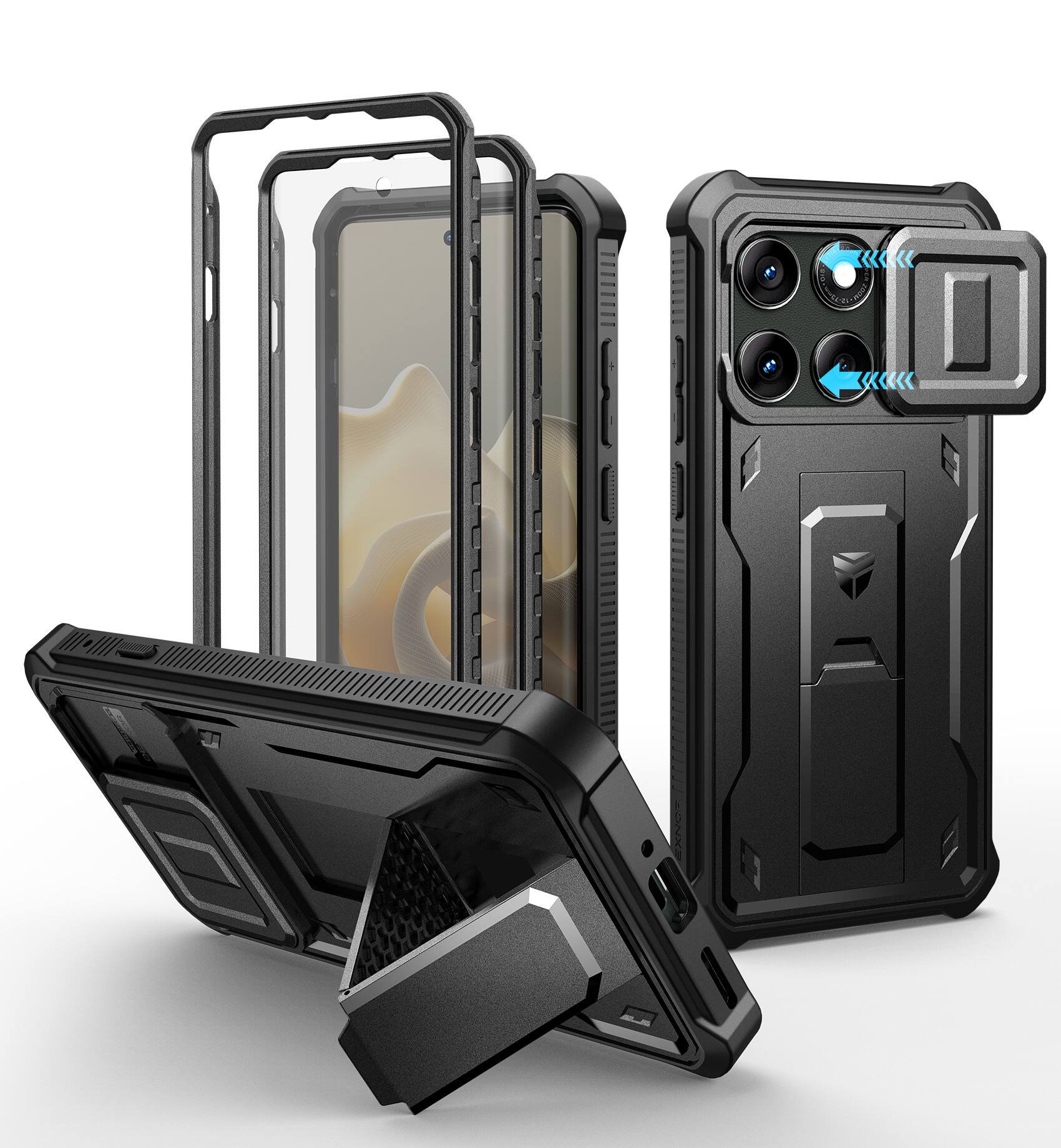 Front. Dexnor - Heavy Duty Protective Shockproof Phone Case for Motorola Moto Edge 2025 with 2 Front Frame, Magnetic Slide Camera Cover - Black.