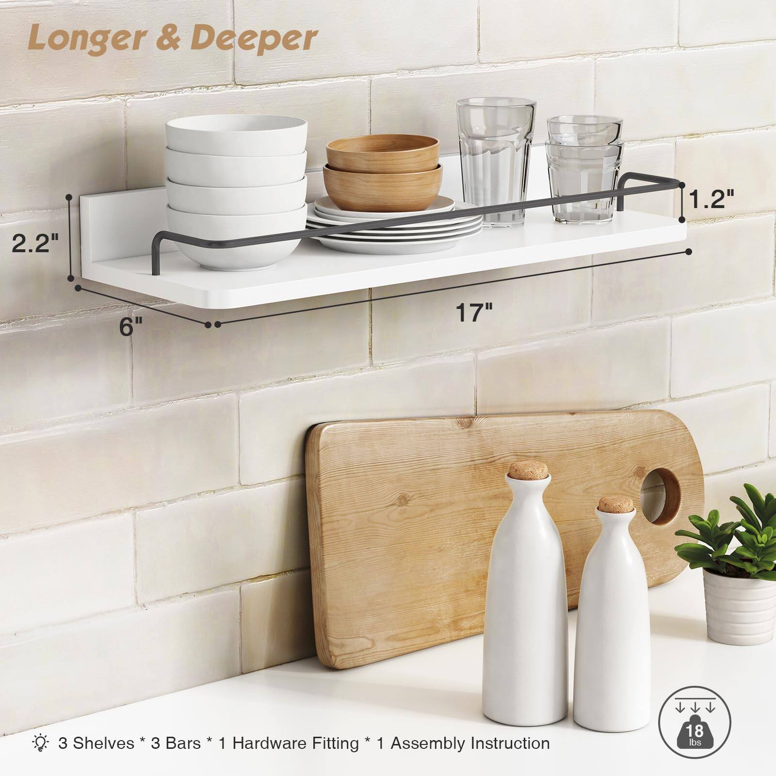 Longer & Deeper

1.2" 2.2" 6" 17"

3 Shelves * 3 Bars * 1 Hardware Fitting * 1 Assembly Instruction

18 lbs