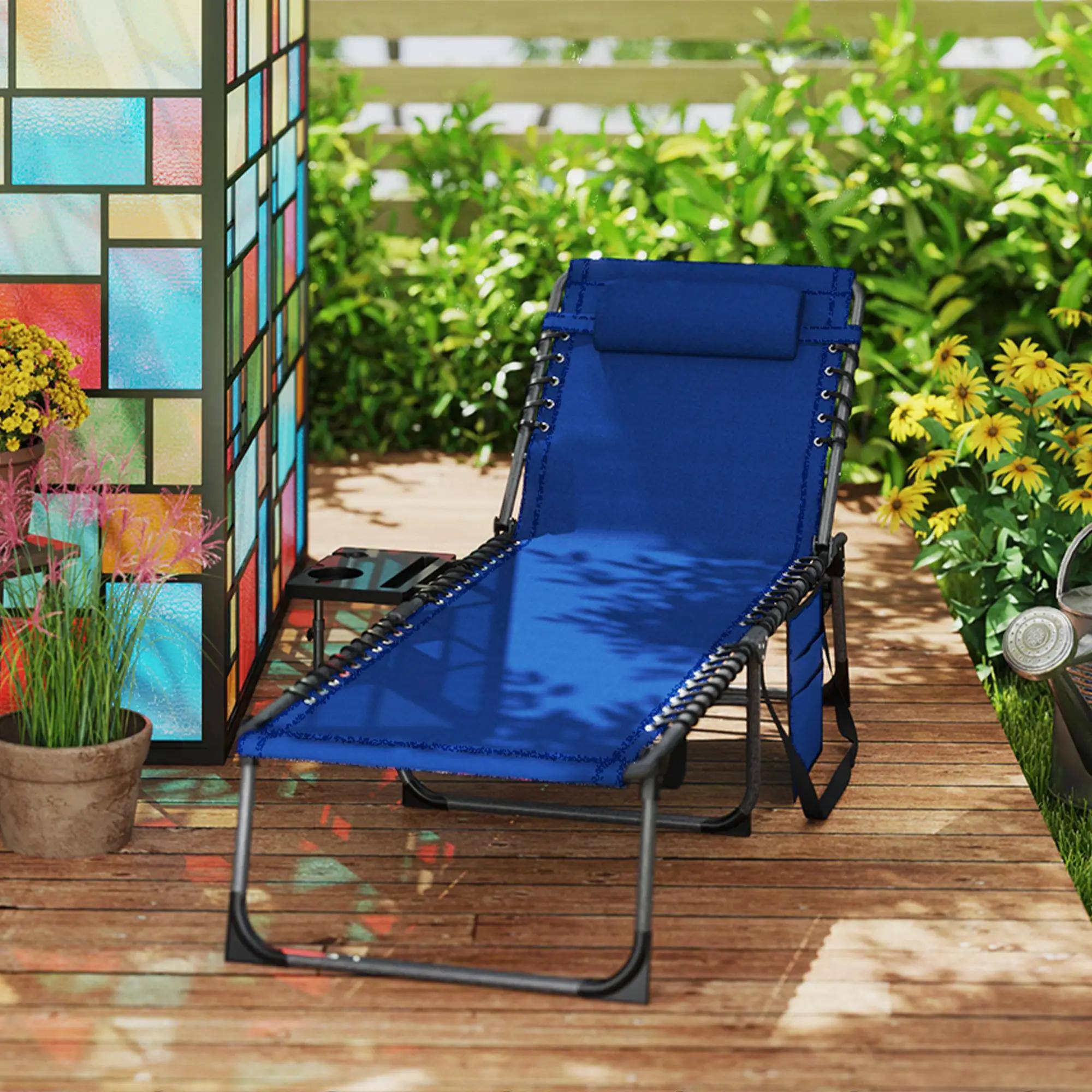 Back. Resenkos - Resenkos Folding Outdoor Chaise Lounge Chair Tanning Chair With 5-Level Adjustable Back, Pocket, Dark Blue - Dark Blue.