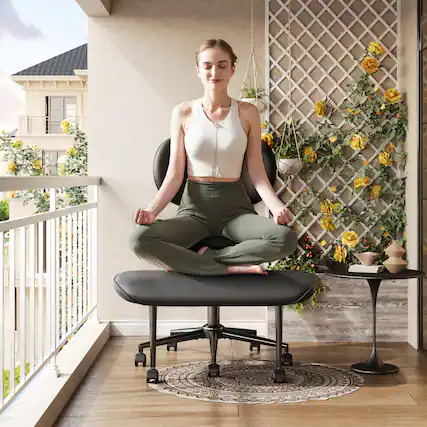 Front. Pinmoco - Ergonomic Cross-Legged Swivel Chair, Adjustable PU Leather Meditation Chair - Black.