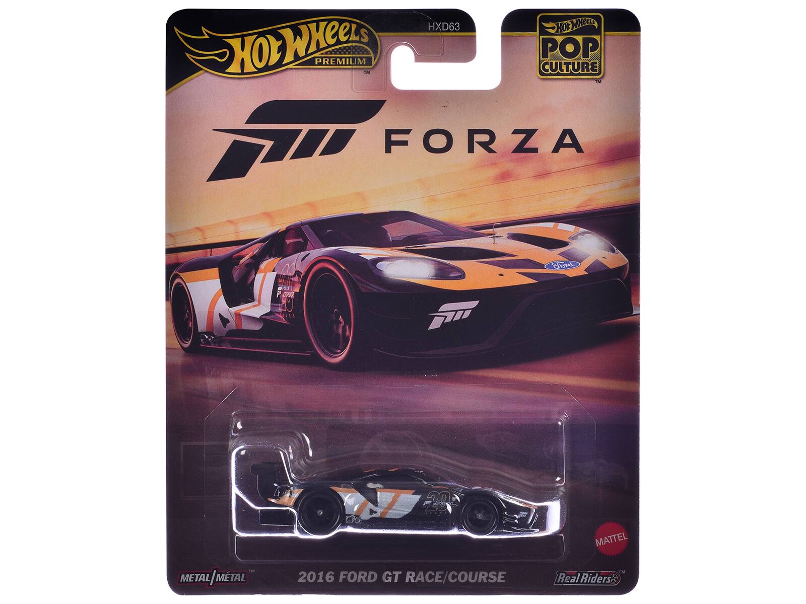 Hot Wheels Premium Pop Culture  
HXD63  
FORZA  
2016 Ford GT Race/Course  
Metal/Metal  
Mattel  
Real Riders