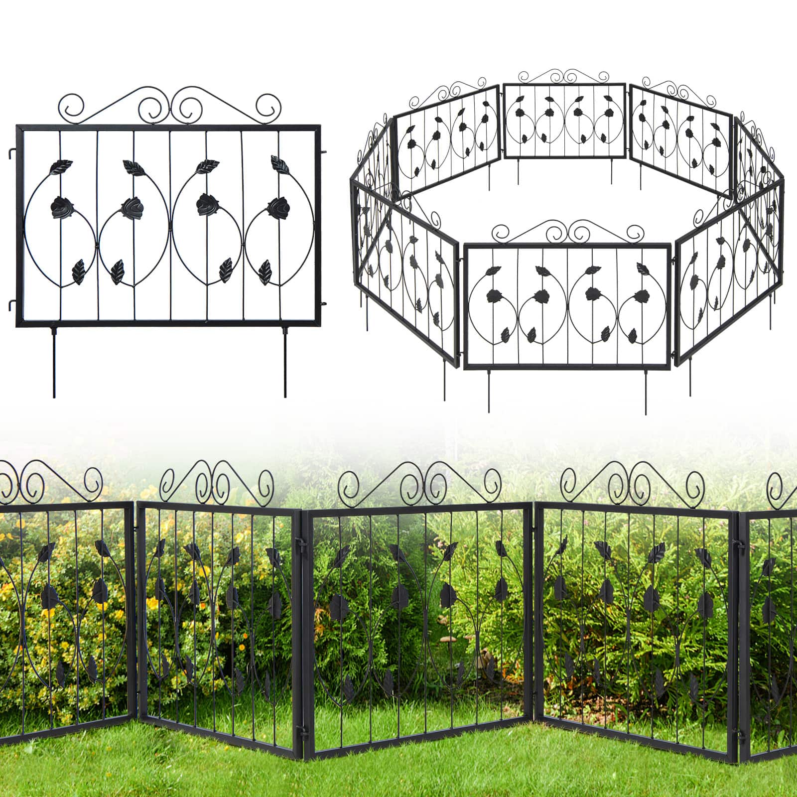 Costway - Decorative Garden Fence with 8 Panels Outdoor Animal Barrier Landscape Border - Black
