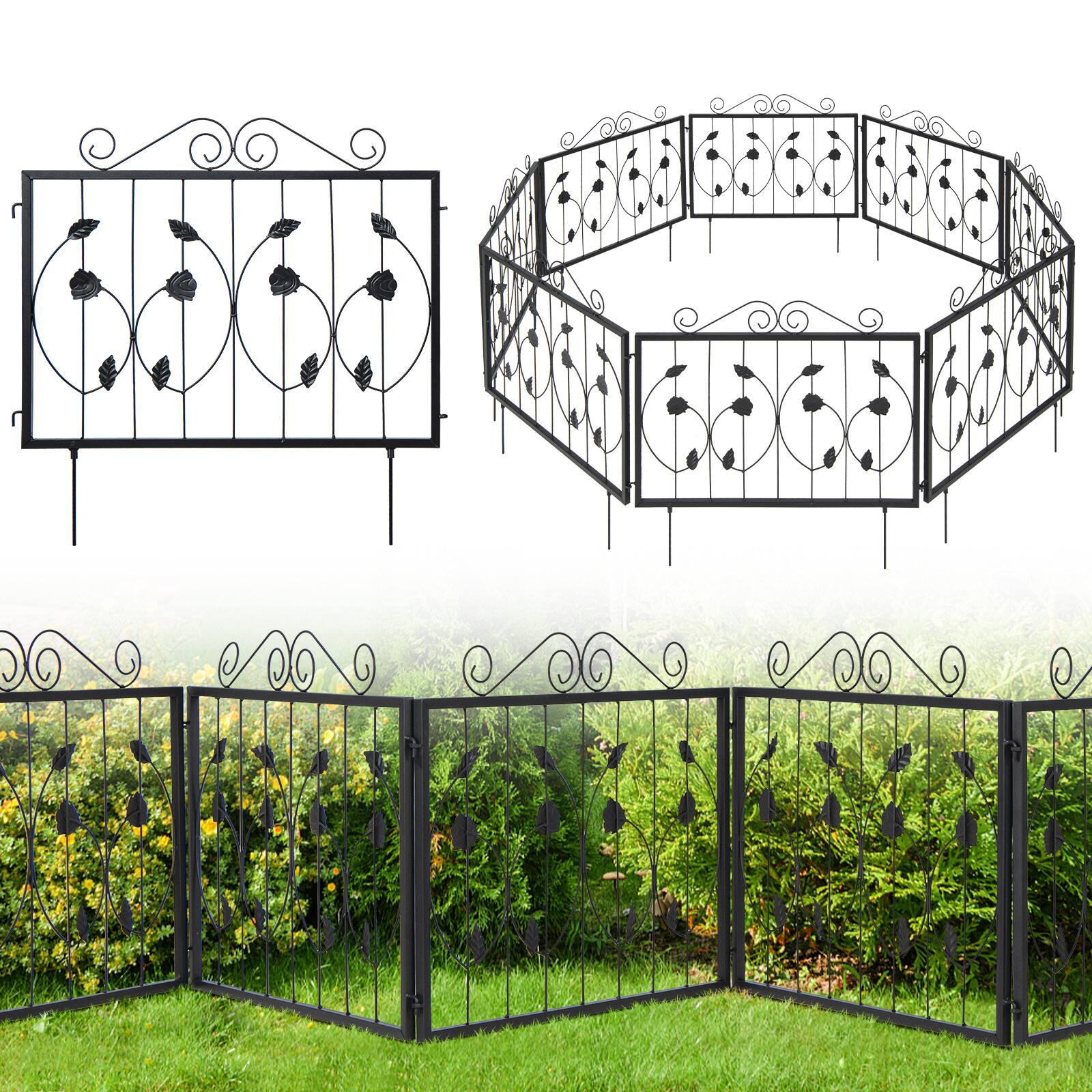 Front. Costway - Decorative Garden Fence with 8 Panels Outdoor Animal Barrier Landscape Border - Black.