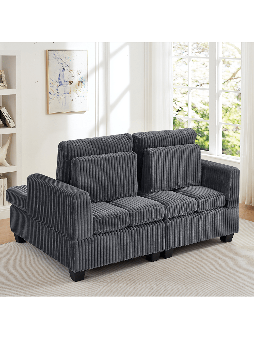 Alt View 2. Trinkets Crazed - 61 Inch Corduroy Love Seat Sofa Couch With Square Armrest,Loveseat Sleeper Couch With Adjustable Back,Double Lounge - Dark Gray.