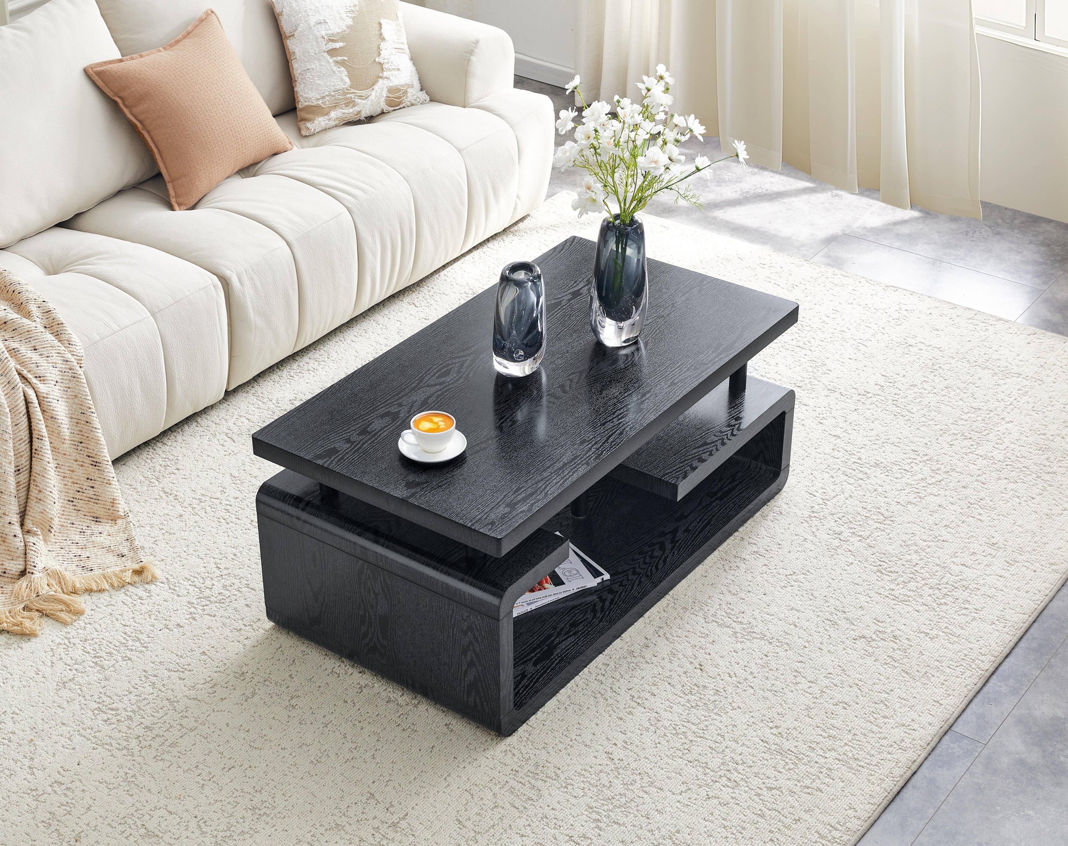 Left. Loheer - Loheer- Three Tier Black Wood Grain Coffee Table Modern Storage Center Table for Living Room Office 3.6x1.9x1.5 ft - Black Woodgrain.