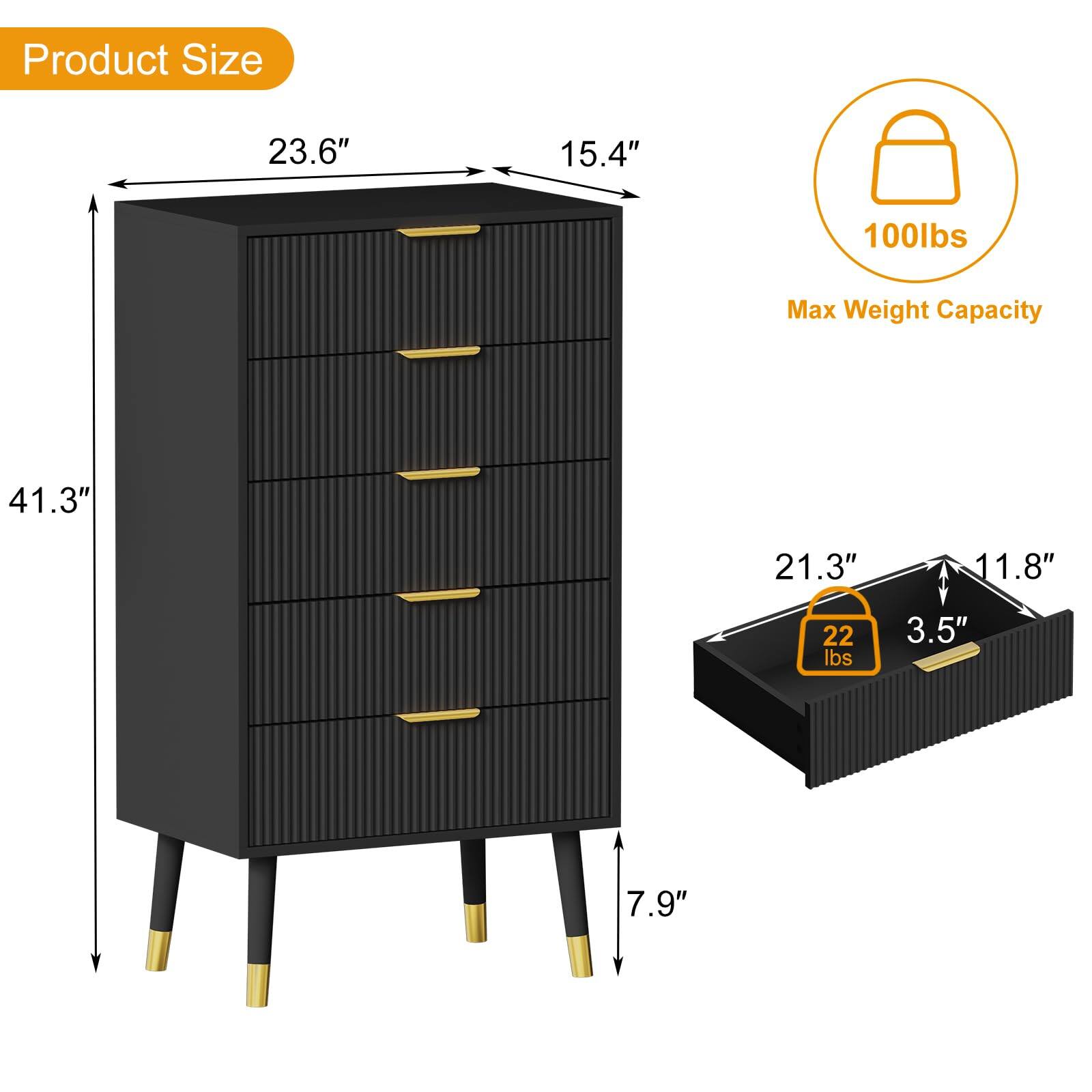 Product Size:  
- Height: 41.3"  
- Width: 23.6"  
- Depth: 15.4"  
- Drawer Dimensions: 21.3" (width) x 11.8" (depth) x 3.5" (height)  

Max Weight Capacity:  
- 100 lbs (total)  
- 22 lbs (per drawer)