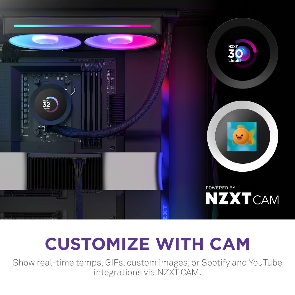 NZXT 0 30 Liquid 1:1 MEEI 32 Uound - ZXT POWERED BY NZXT CAM CUSTOMIZE WITH A Show real-time temps, GIFs, custom images, or Spotify and YouTube integrations via NZXT.