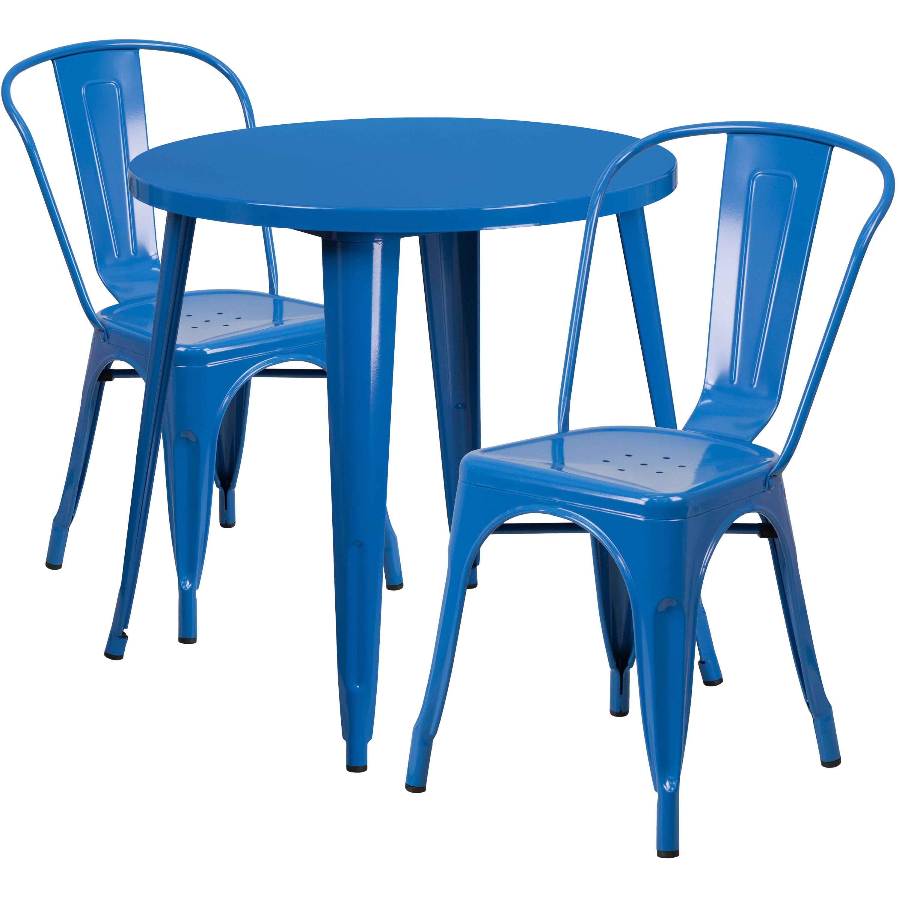 Alt View 1. Emma + Oliver - Commercial Grade 30" Round Metal Indoor-Outdoor Table Set with 2 Cafe Chairs - Blue.
