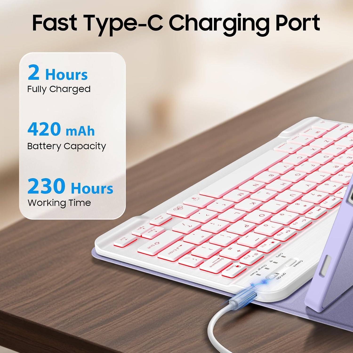 Fast Type-C Charging Port  
2 Hours Fully Charged  
420 mAh Battery Capacity  
230 Hours Working Time