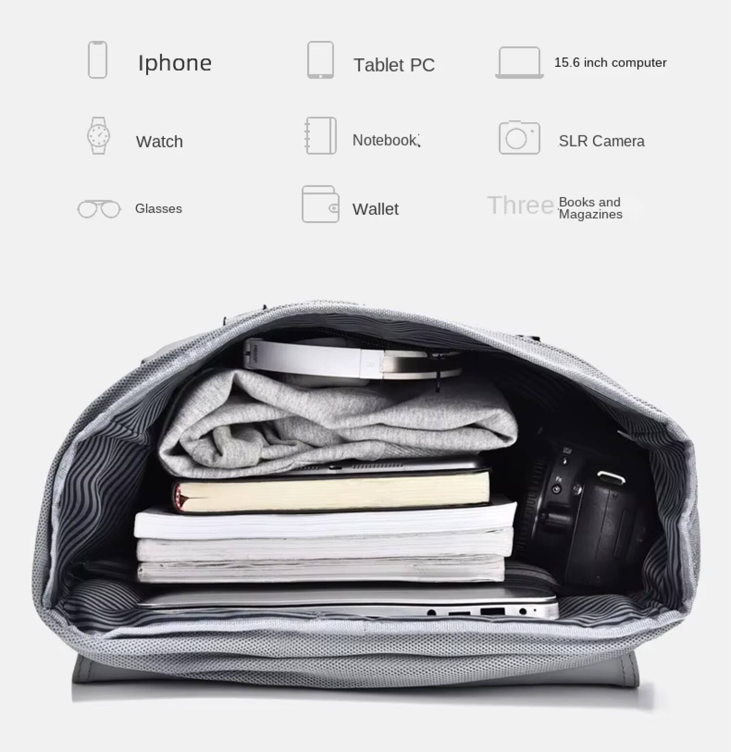 Iphone, Tablet PC, 15.6 inch computer, Watch, Notebook, SLR Camera, Glasses, Wallet, Three Books and Magazines.