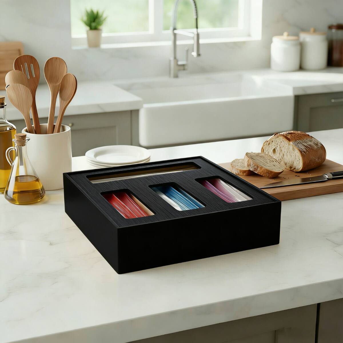 Left. Tooloton - Bamboo Bag Dispenser for Kitchen Drawer, Holds Gallon, Quart, Sandwich and Snack Bags, 1 Box 4 Slots, Black - Black.