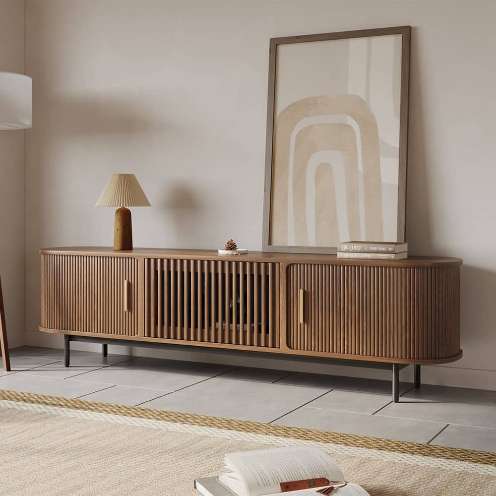 POVISON - 79"Mid-Century Modern Tambour Door TV Stand - Walnut