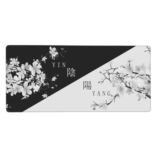 Reds Spade - Golden Mountain Line Moon Landscape Gaming Mouse Pad Extended Mousepad With Nonslip Rubber Base Stitched Edges - Japanese Black White Cherry Blossom-31.5" x 11.8"