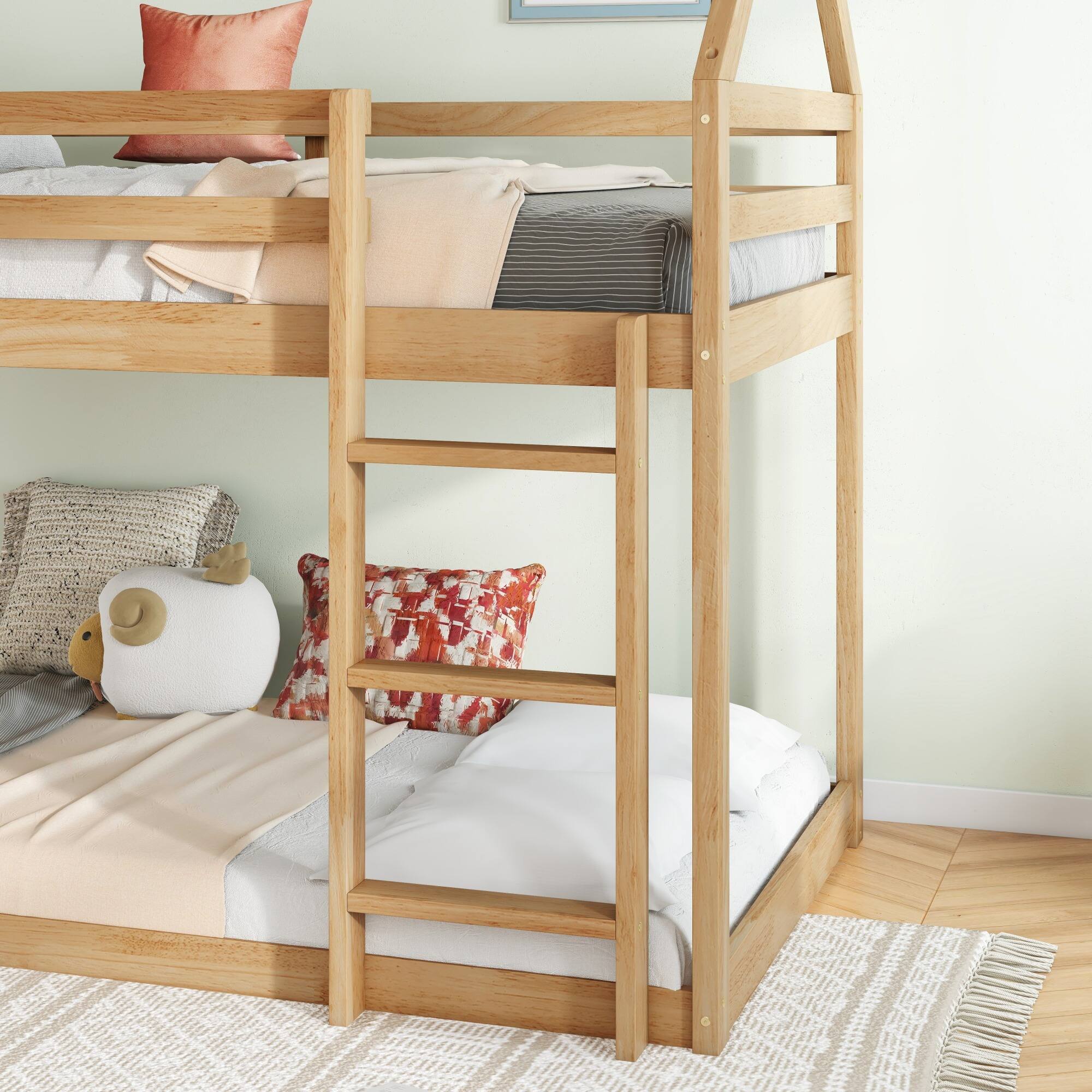 Alt View 8. GOODSILO - House-Shaped Twin Over Twin Rubber Wood Bunk Bed with Ladder and Guardrails for Kids - White+Oak.