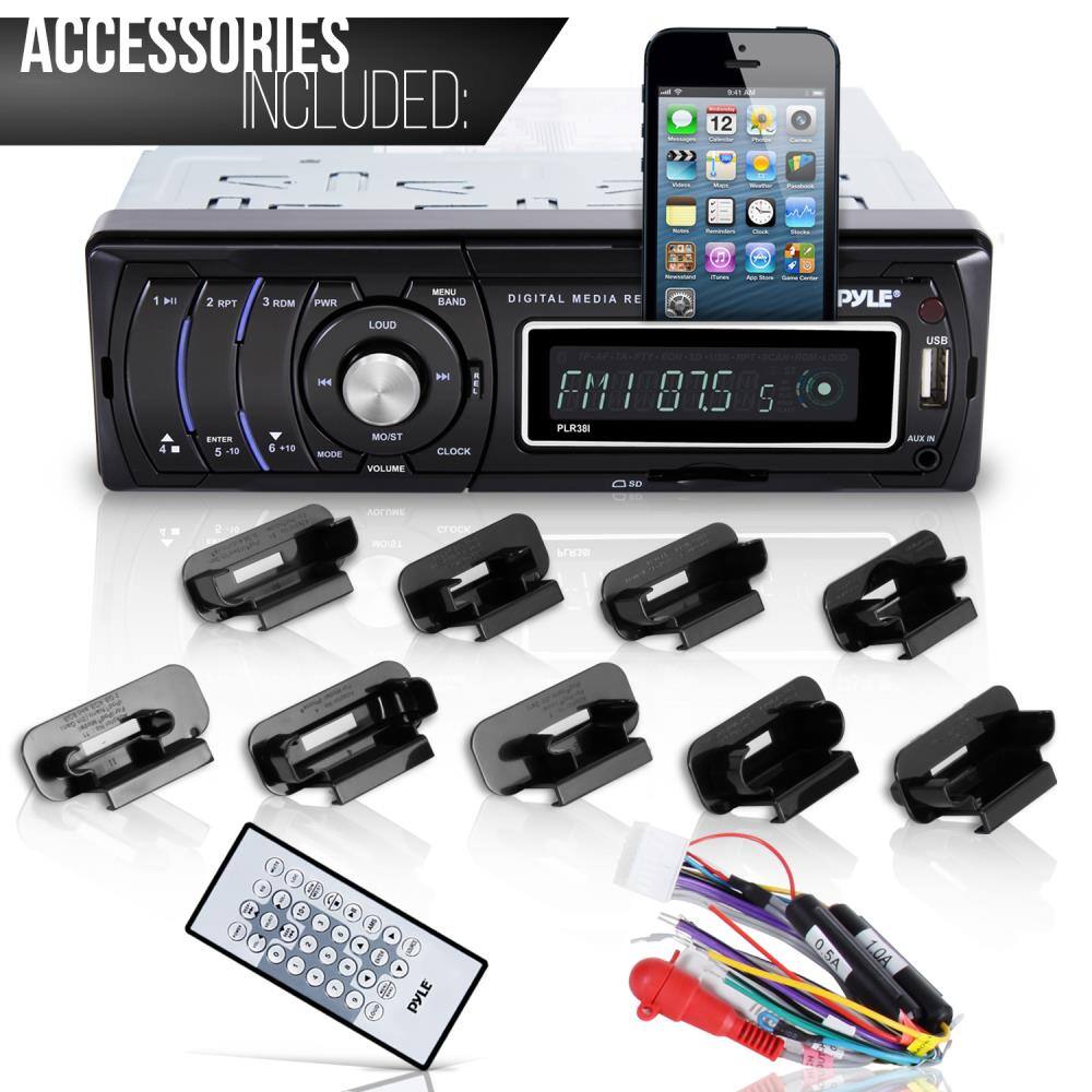 ACCESSORIES INCLUDED:  
- FM 1 HI 4  
- 2 HPT  
- ENTER 5 -10  
- 3 RDM  
- PWR 144  
- MCRM  
- LOUD  
- MOIST  
- VOLUME  
- MEMU  
- BAND  
- CLOCK  
- DIGITAL MEDIA RE  
- FMI 875  
- PLR381  
- PYLE USB  
- AUX IN  
- 0.5A 1.0A