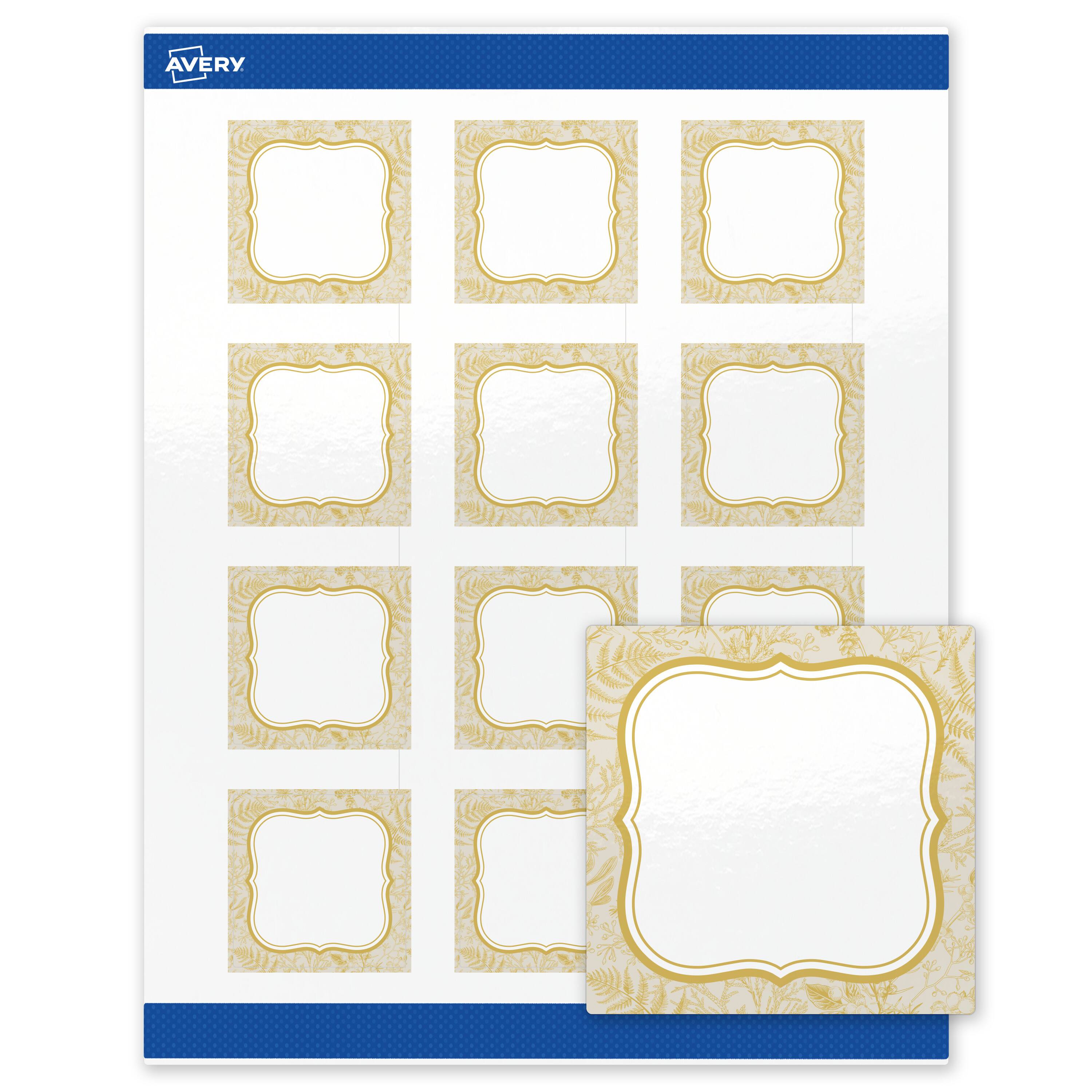 Front. Avery - Avery Labels, 2" x 2", Glossy White, Flourished Metallic Gold Florals - White.