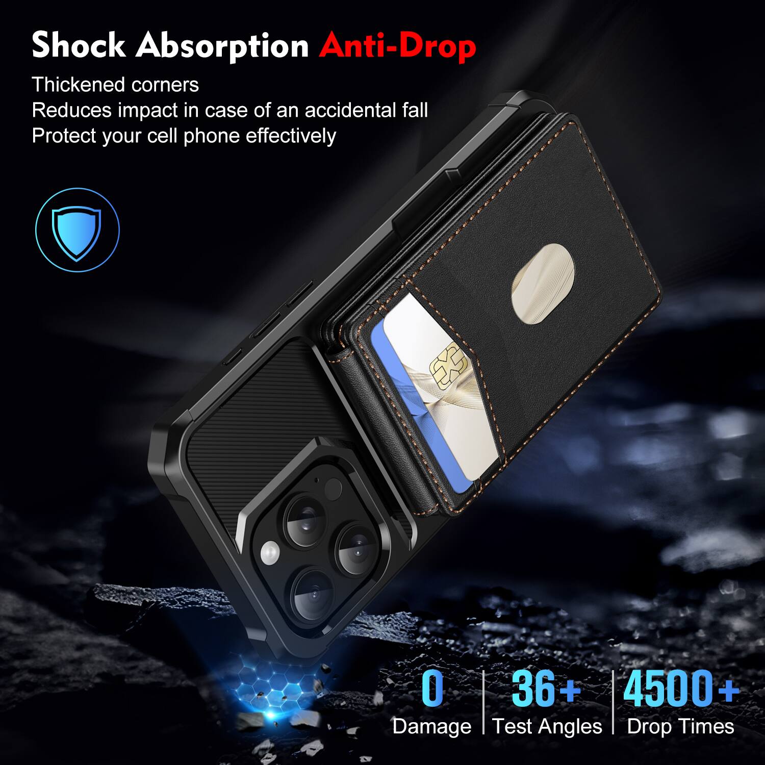 Shock Absorption Anti-Drop  
Thickened corners  
Reduces impact in case of an accidental fall  
Protect your cell phone effectively  

0 Damage  
36+ Test Angles  
4500+ Drop Times