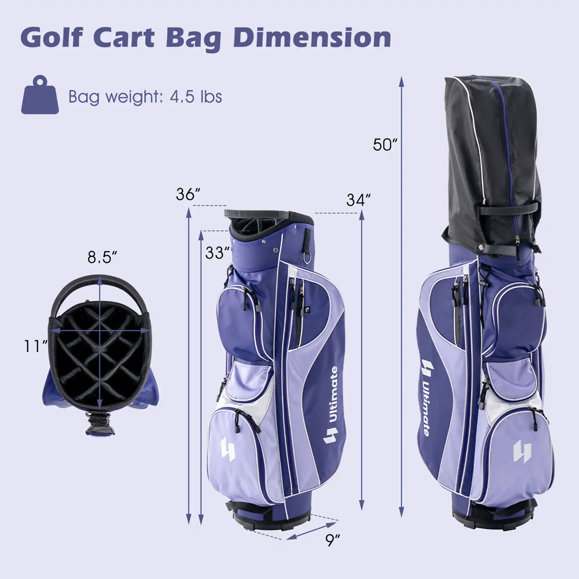 Golf Cart Bag Dimension

Bag weight: 4.5 lbs

- 50"
- 34"
- 36"
- 33"
- 8.5"
- 11"
- 9"