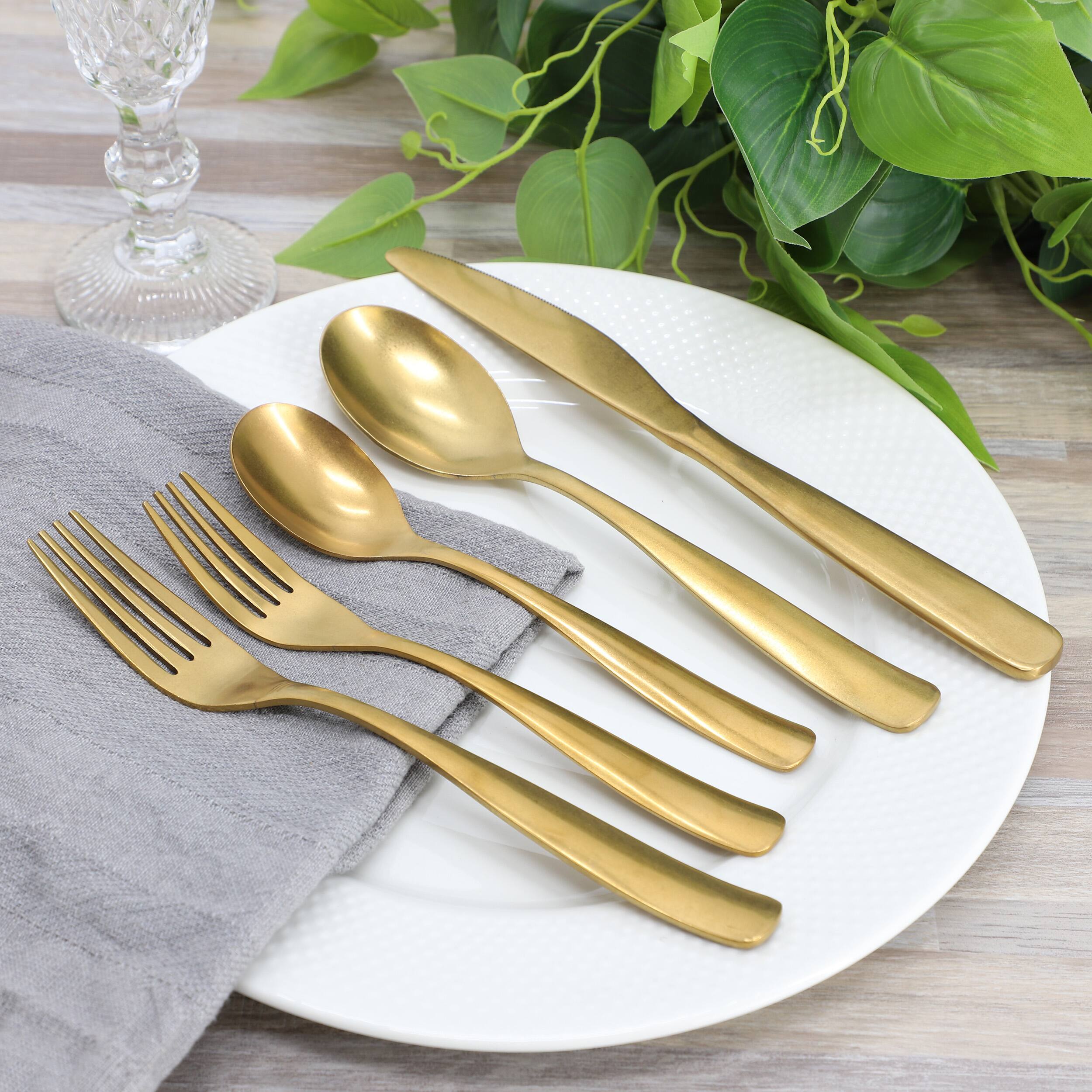 Alt View 4. Gibson - Gibson Home Hulton 20 Piece Stainless Steel Flatware Set - Matte Gold.