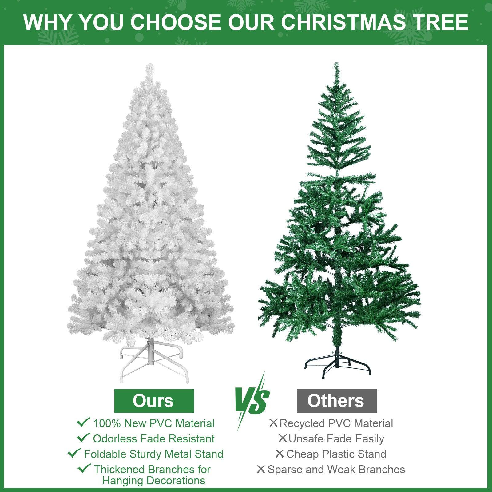 **WHY YOU CHOOSE OUR CHRISTMAS TREE**

**Ours**  
✅ 100% New PVC Material  
✅ Odorless Fade Resistant  
✅ Foldable Sturdy Metal Stand  
✅ Thickened Branches for Hanging Decorations  

**vs**  

**Others**  
❌ Recycled PVC Material  
❌ Unsafe Fade Easily  
❌ Cheap Plastic Stand  
❌ Sparse and Weak Branches
