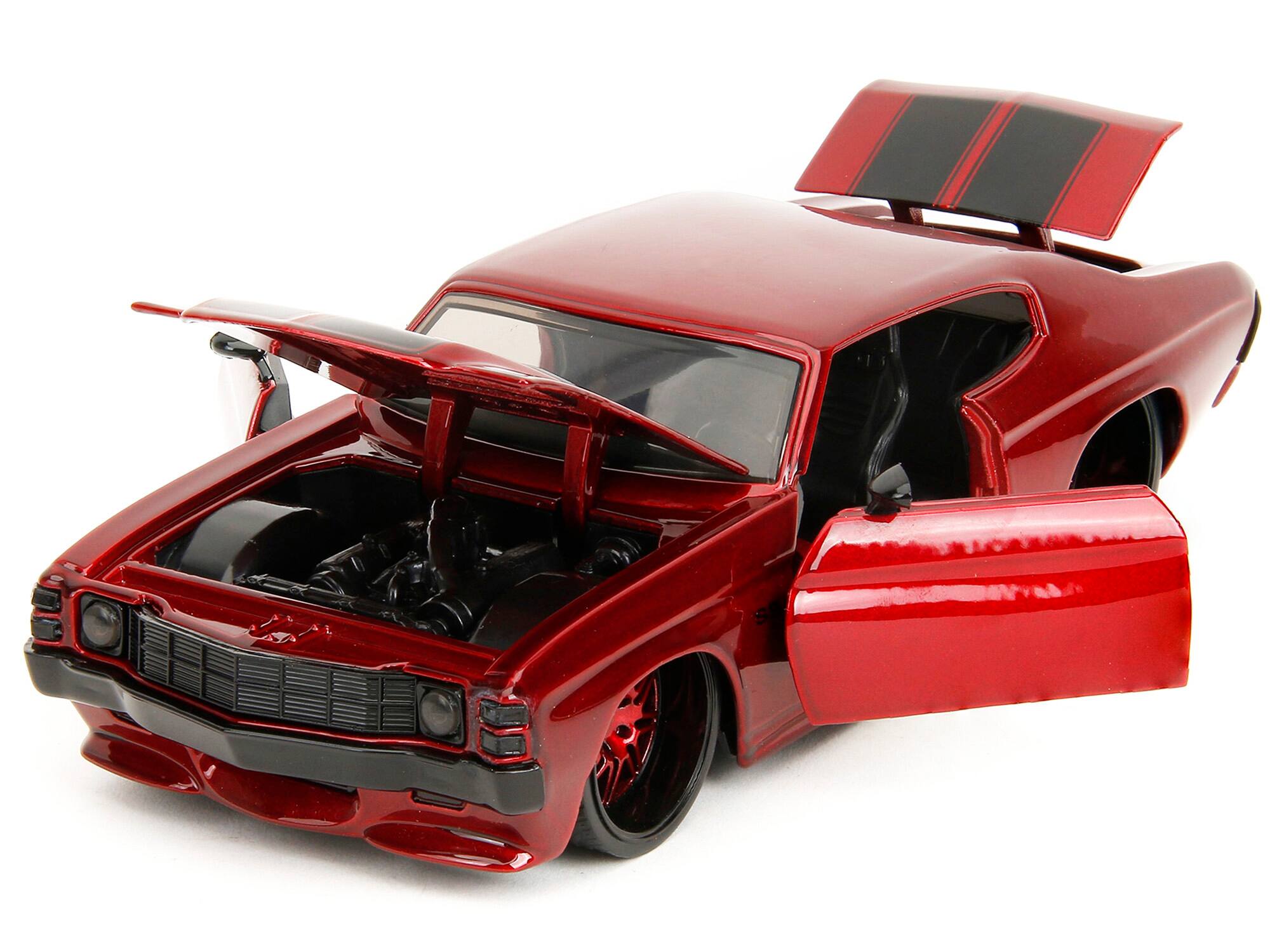 Angle. Jada - 1971 Chevrolet Chevelle SS Red Metallic with Black Stripes "Pink Slips" Series 1/24 Diecast Model Car by Jada - Red Metallic With Black.