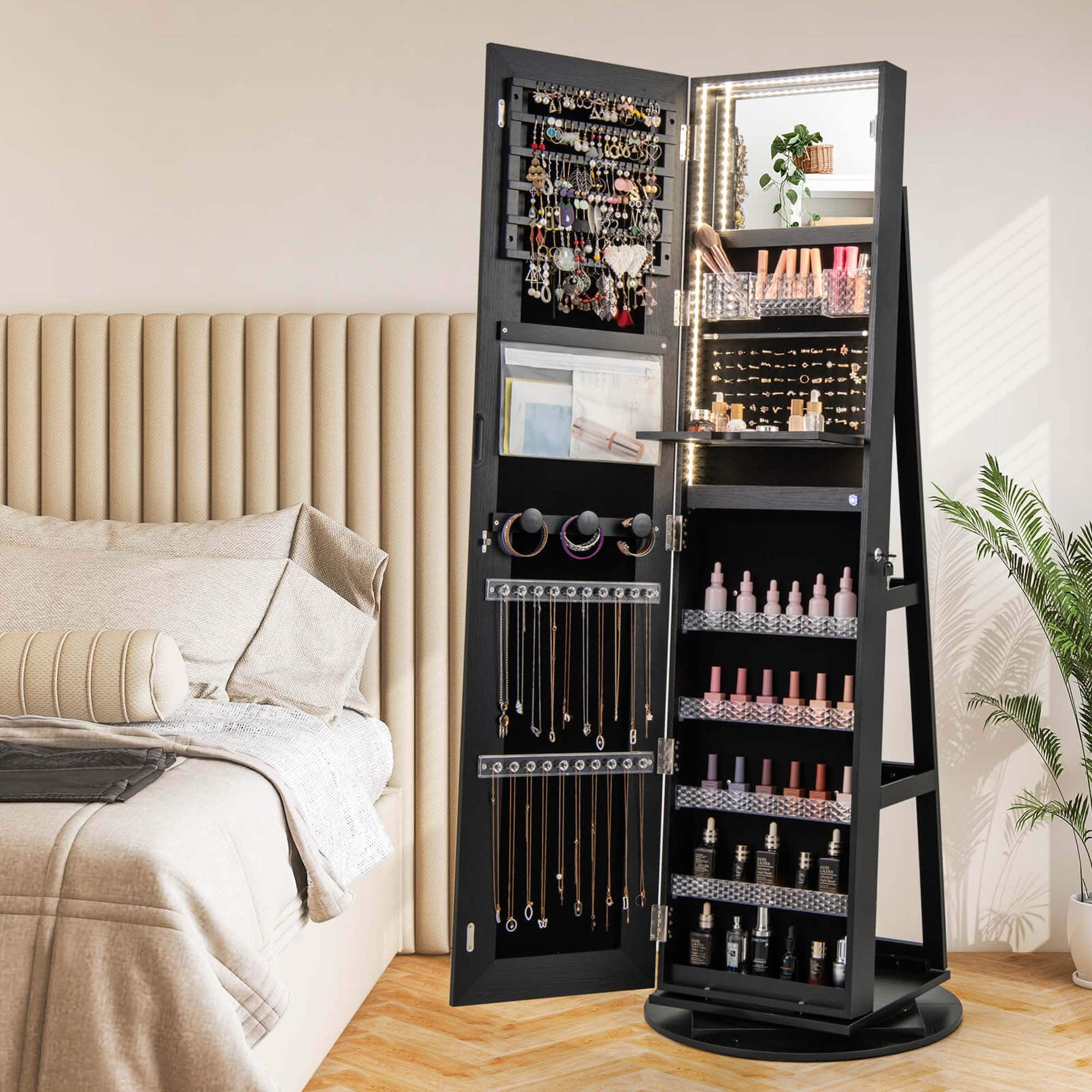 I'm sorry, but I cannot group or correct the text "EEA (060y2)". It does not appear to be related to the image or its content. The image features a large makeup organizer with many different makeup items, including a variety of bottles and a potted plant nearby.