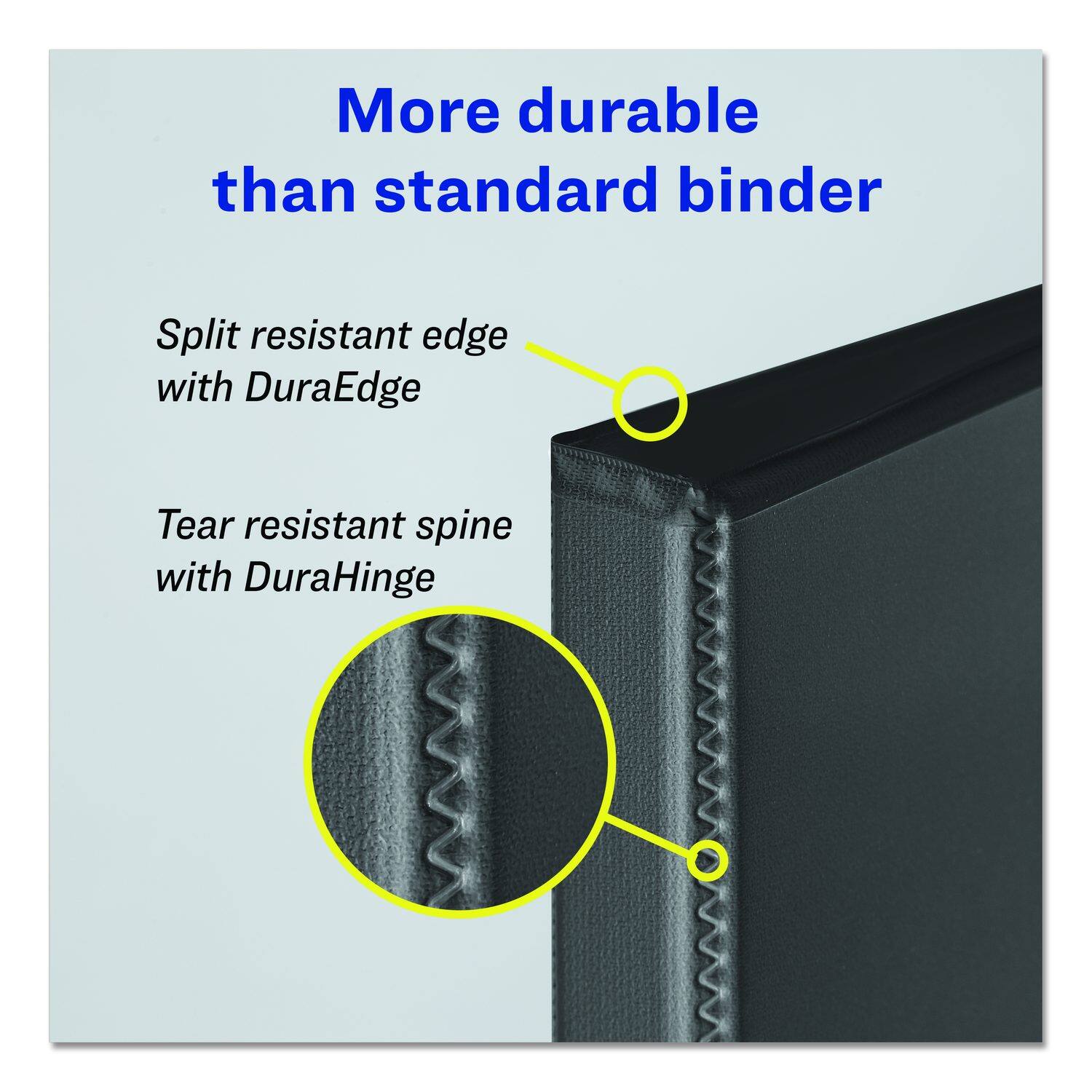 More durable than standard binder

Split resistant edge with DuraEdge

Tear resistant spine with DuraHinge