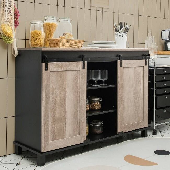 Left. Hivvago - FarmHouse Sliding Barn Doors Kitchen Buffet Storage Cabinet - Brown, Black.
