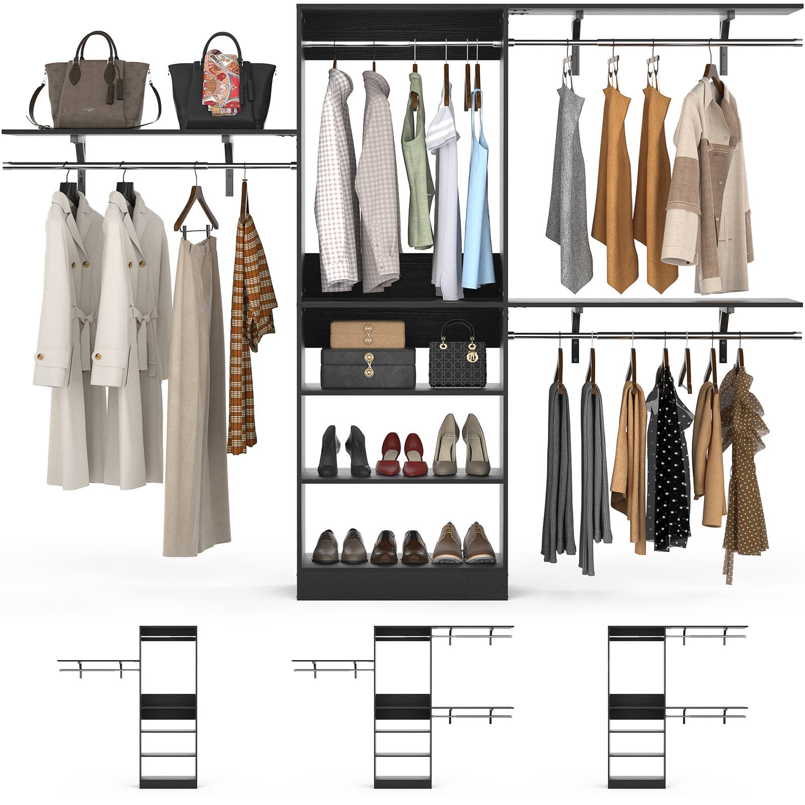 Alt View 4. Aheaplus - 8FT Wall Mounted Closet System, 96'' Closet Organizer with 3 Shelving Towers, 3 Hanging Rods and Shelves, Cut to Fit - Black.